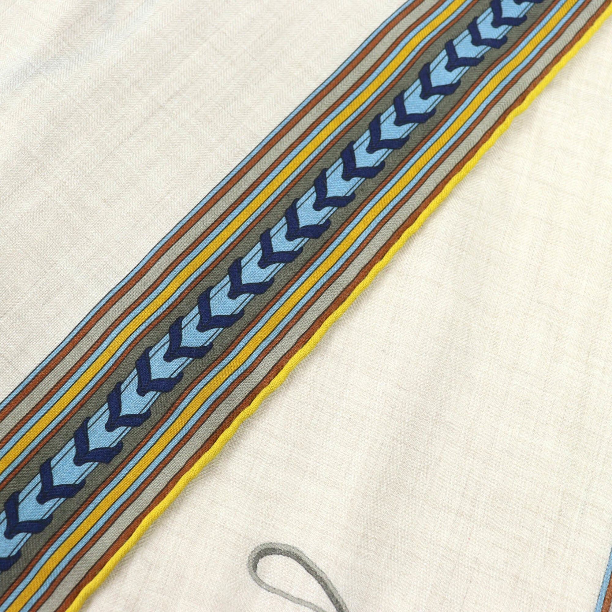 Hermes HERMES Rectangle BRIDES ET GRIS (Bridles and Charms) Cashmere Silk Fringe Scarf/Muffler/Stole/Muffler in Beige, Blue, Yellow. Comes with a box. Made France. Recommended for both women men. Size ONE SIZE - 4 Thumbnail