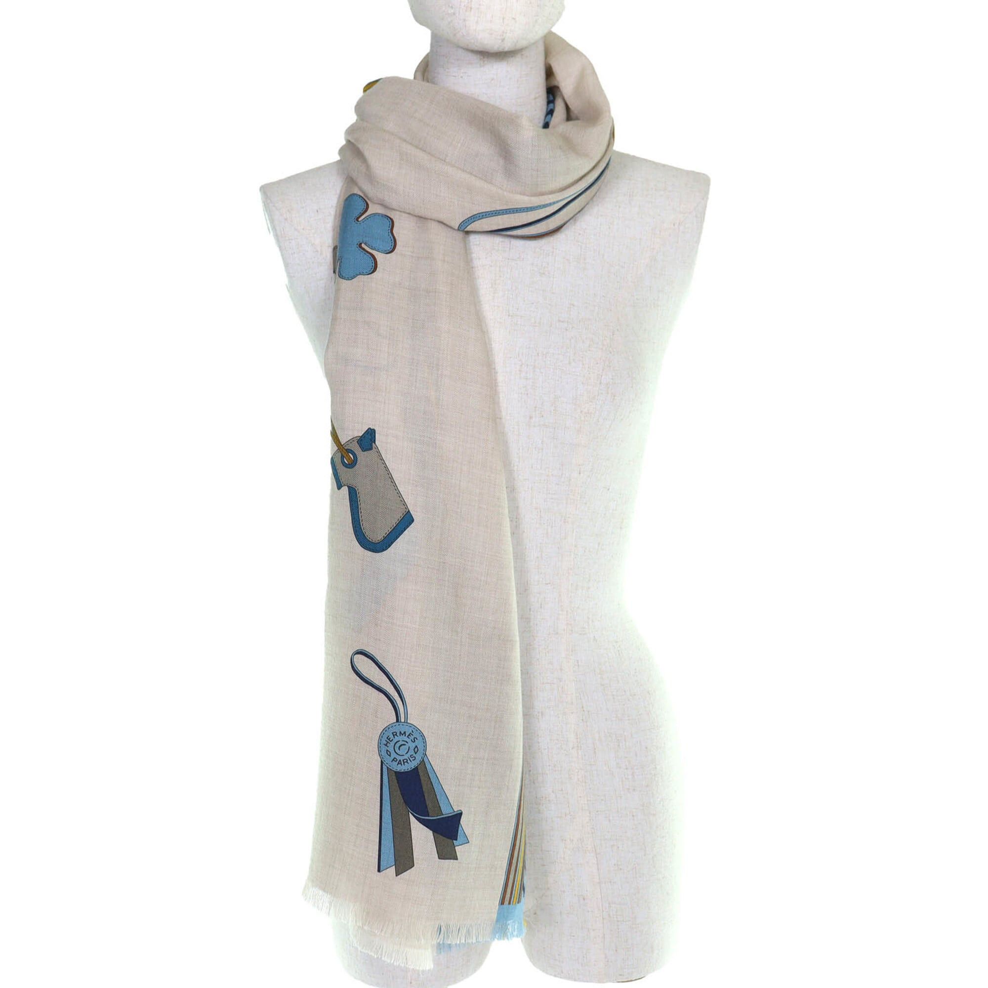 Hermes HERMES Rectangle BRIDES ET GRIS (Bridles and Charms) Cashmere Silk Fringe Scarf/Muffler/Stole/Muffler in Beige, Blue, Yellow. Comes with a box. Made France. Recommended for both women men. Size ONE SIZE - 7 Thumbnail