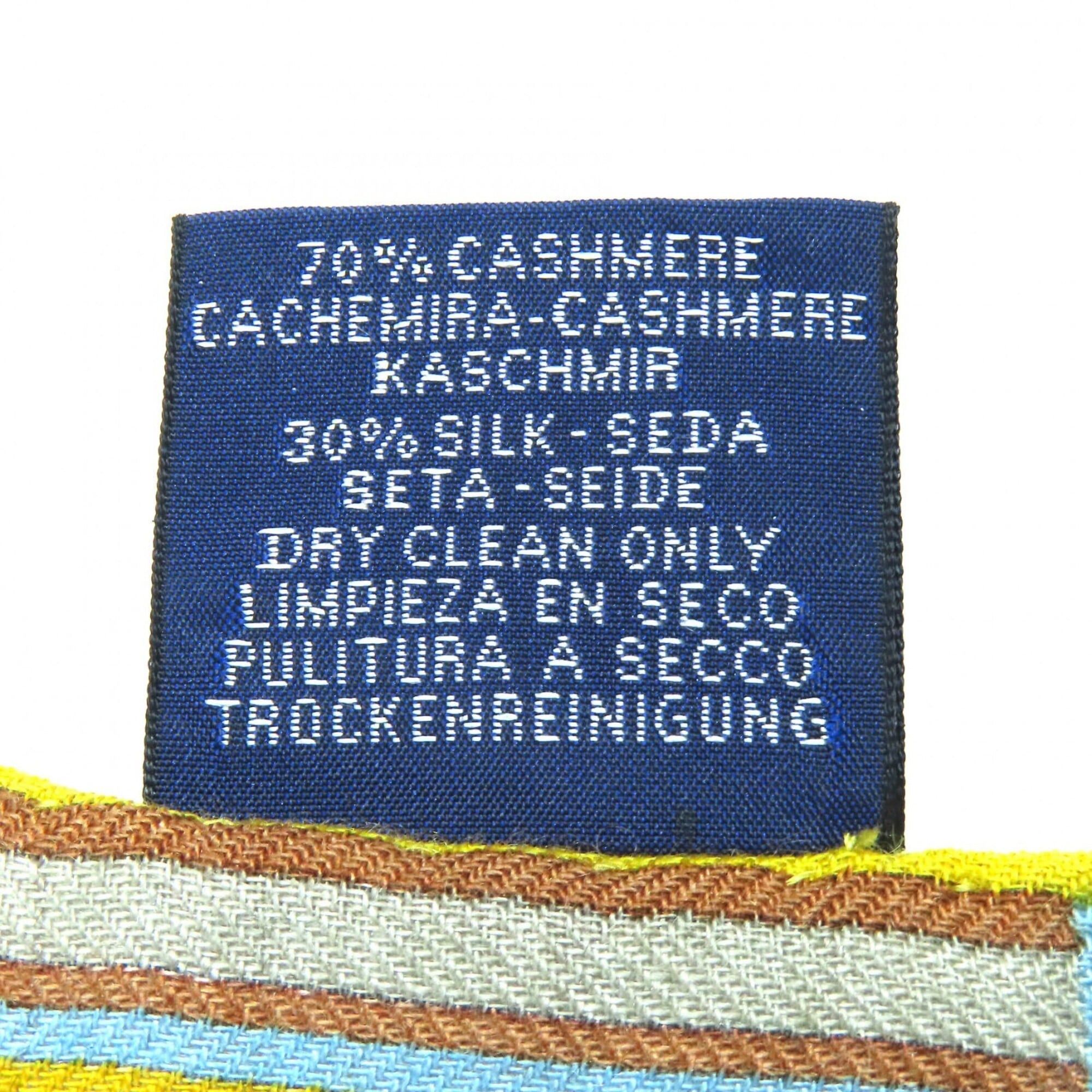 Hermes HERMES Rectangle BRIDES ET GRIS (Bridles and Charms) Cashmere Silk Fringe Scarf/Muffler/Stole/Muffler in Beige, Blue, Yellow. Comes with a box. Made France. Recommended for both women men. Size ONE SIZE - 9 Thumbnail