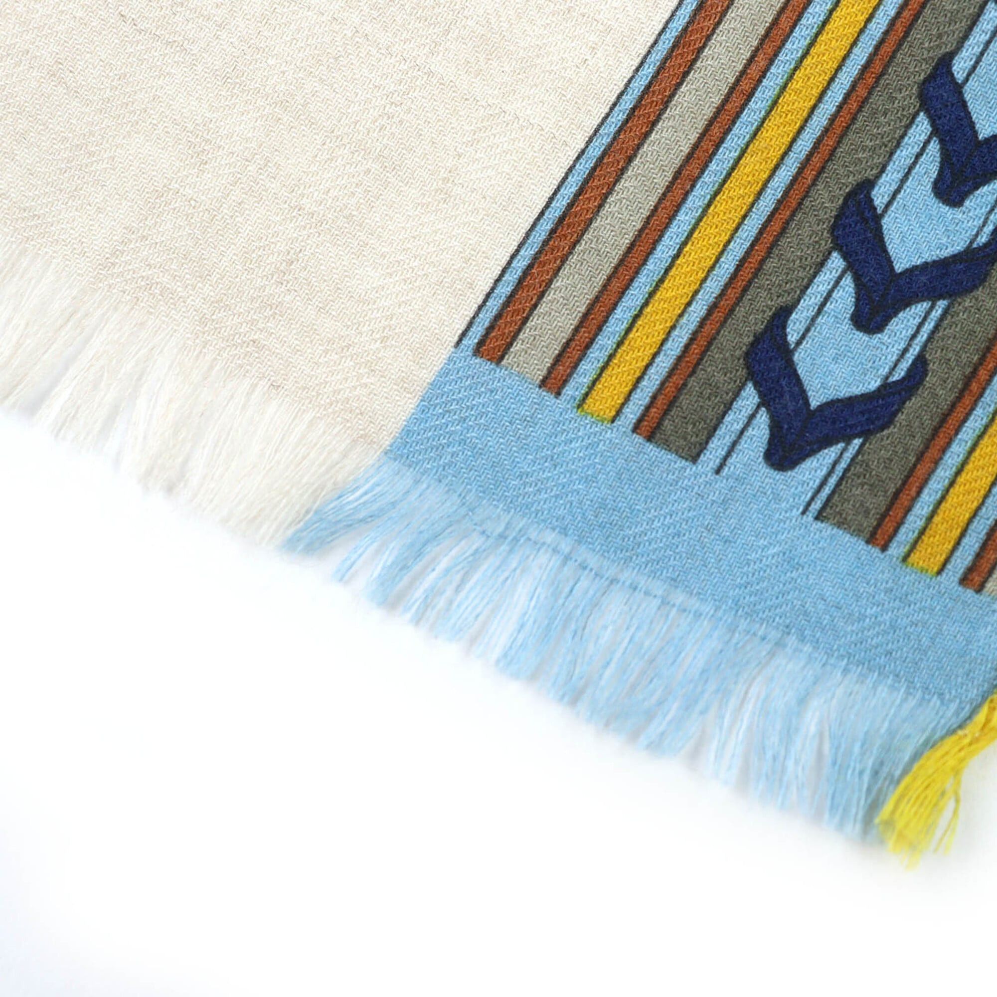 Hermes HERMES Rectangle BRIDES ET GRIS (Bridles and Charms) Cashmere Silk Fringe Scarf/Muffler/Stole/Muffler in Beige, Blue, Yellow. Comes with a box. Made France. Recommended for both women men. Size ONE SIZE - 6 Thumbnail