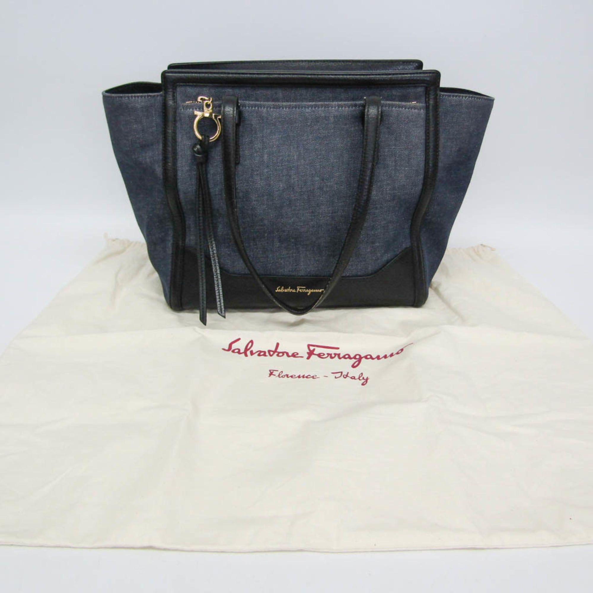 Salvatore Ferragamo Salvatore Ferragamo Gancini Amy EZ-21 F759 Women's Denim,Leather Tote Bag Black,Navy Size ONE SIZE - 2 Thumbnail