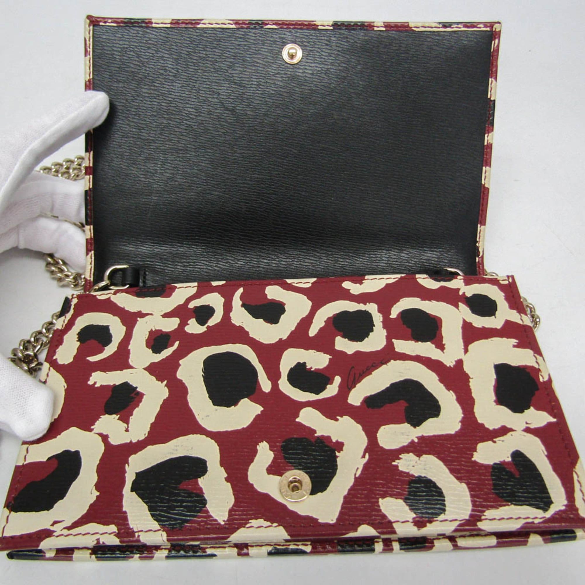 Gucci Gucci 354697 Women's Leather Chain/Shoulder Wallet Black,Bordeaux,Cream Size ONE SIZE - 11 Thumbnail