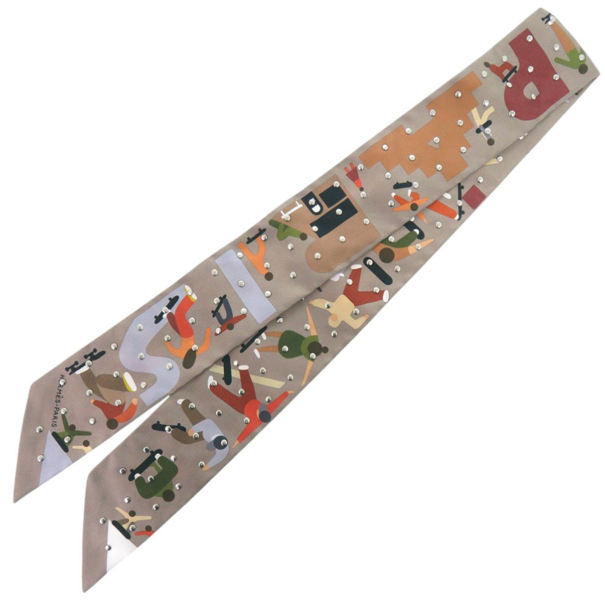 Hermes Hermes Twilly Figure Libre Stud Silk Grey Silver Hardware Scarf Muffler 1178HERMES Size ONE SIZE - 2 Thumbnail