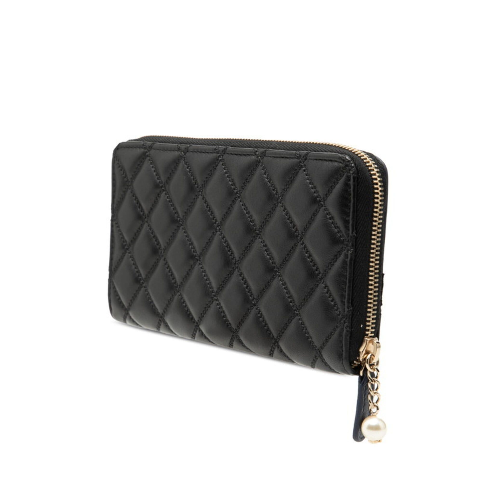 Chanel Chanel Coco Mark Matelassé Round Zip Long Wallet Black Navy Leather Faux Pearl Women's CHANEL Size ONE SIZE - 2 Thumbnail