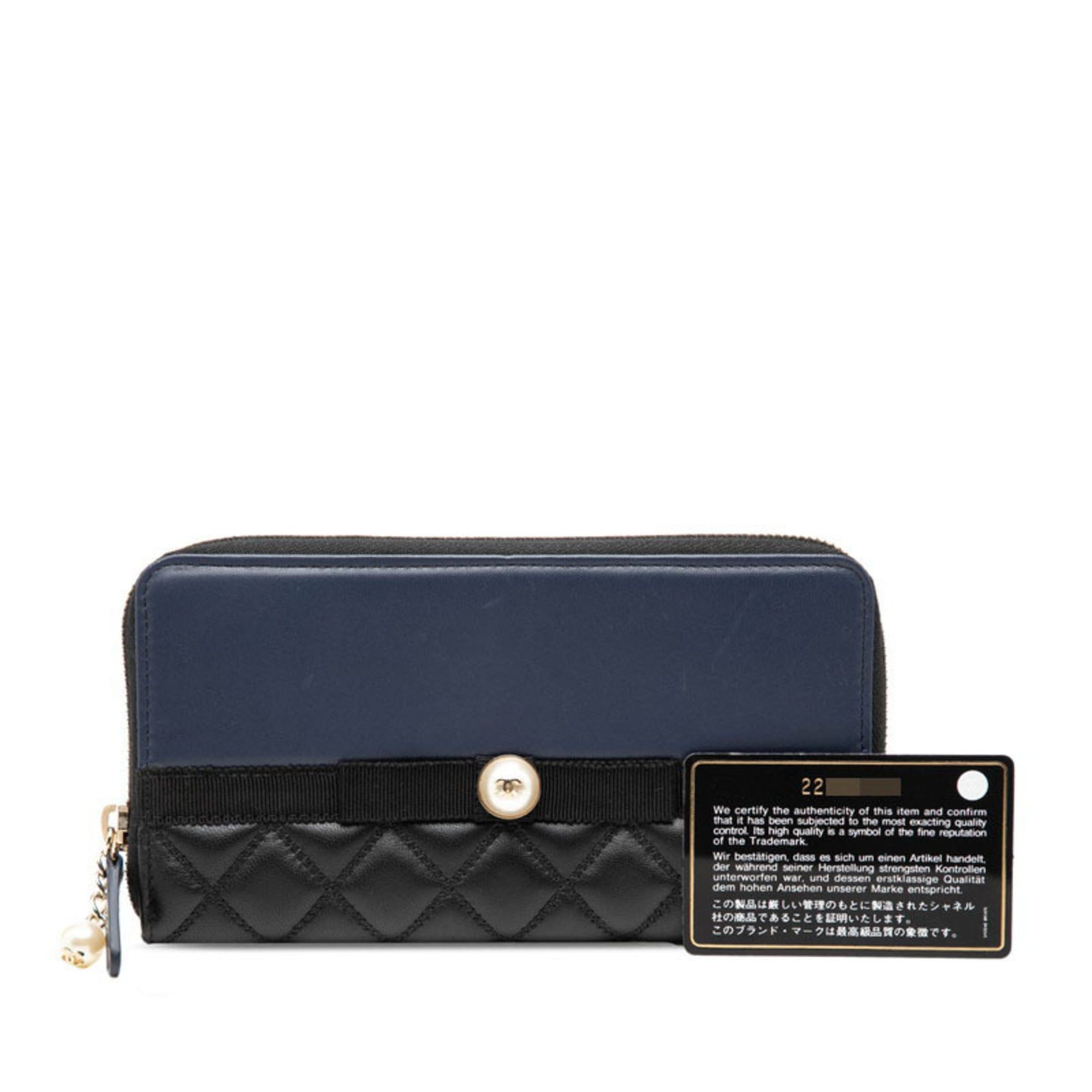 Chanel Chanel Coco Mark Matelassé Round Zip Long Wallet Black Navy Leather Faux Pearl Women's CHANEL Size ONE SIZE - 7 Thumbnail
