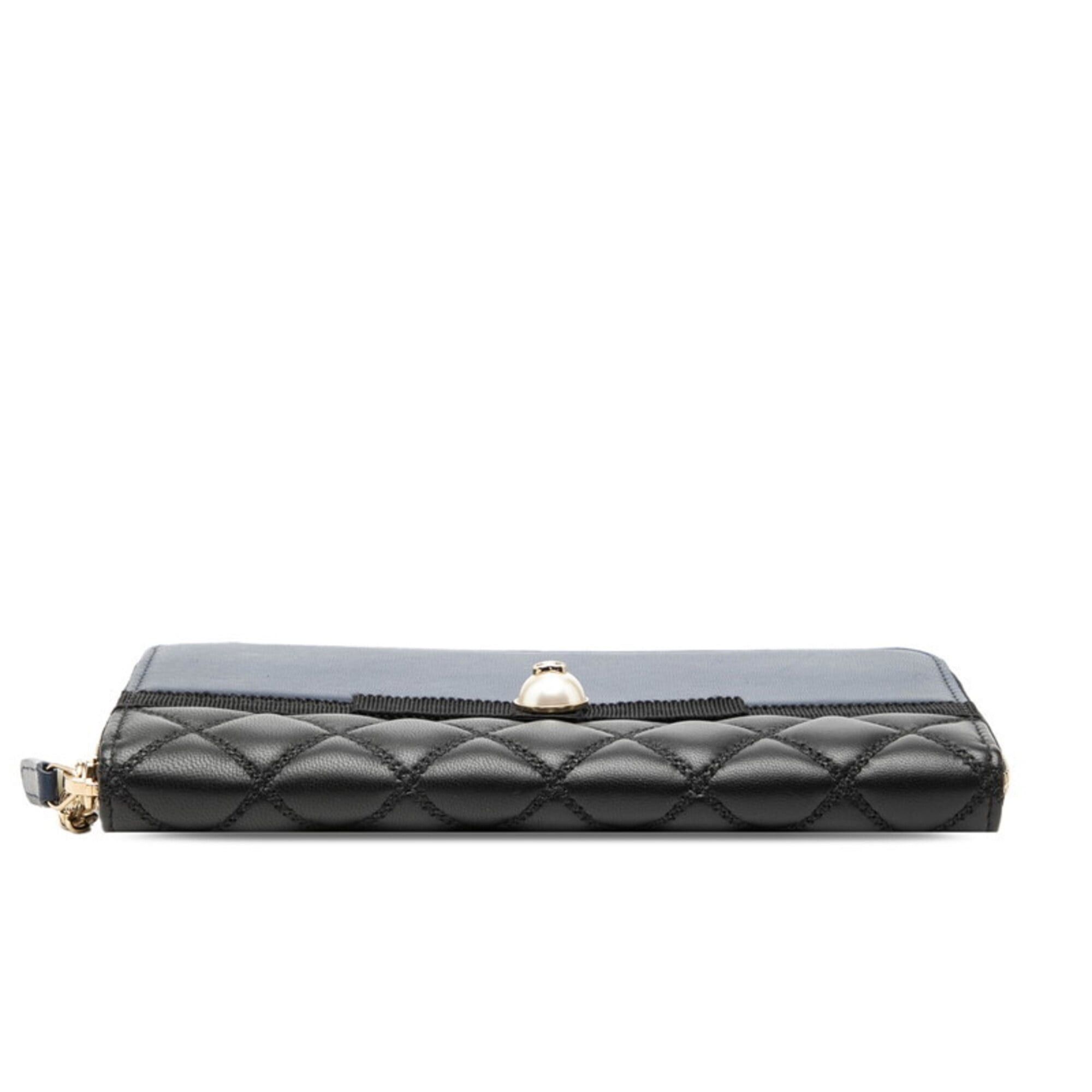Chanel Chanel Coco Mark Matelassé Round Zip Long Wallet Black Navy Leather Faux Pearl Women's CHANEL Size ONE SIZE - 3 Thumbnail