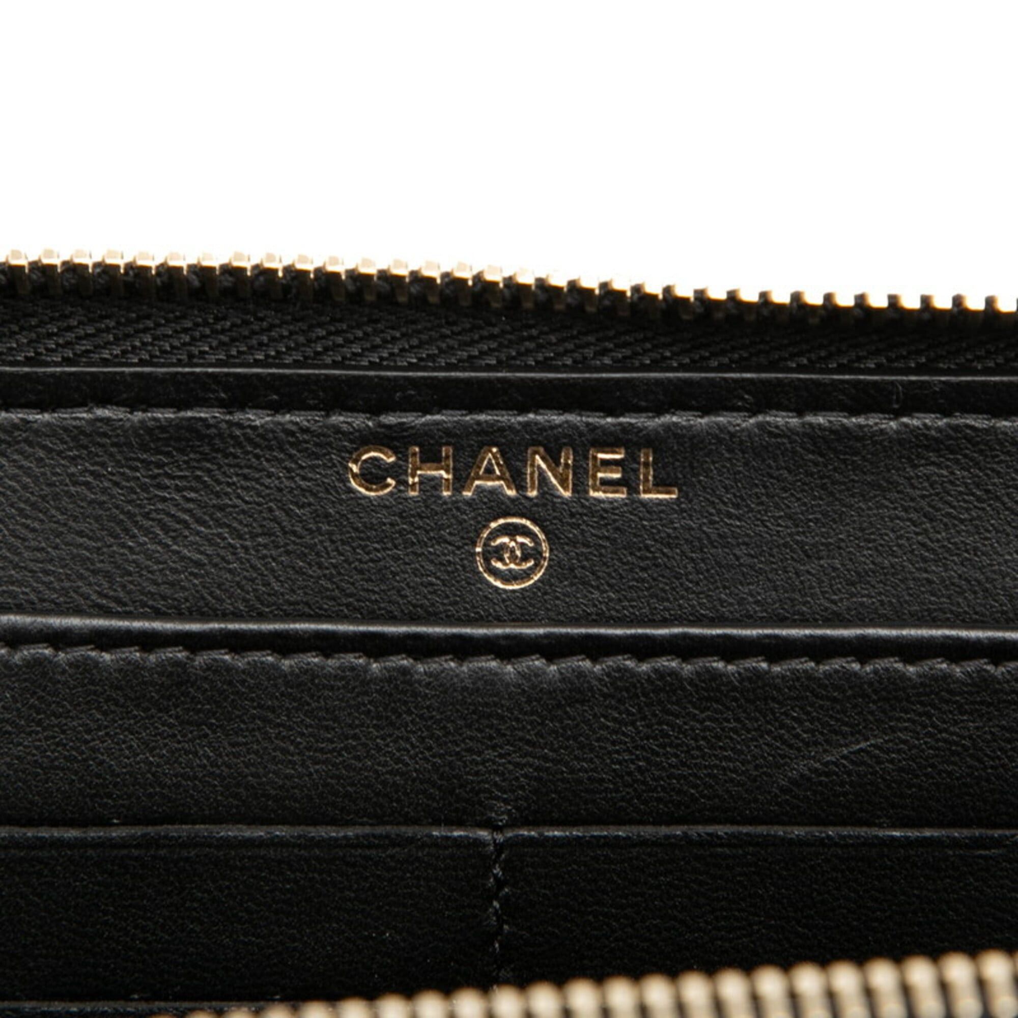 Chanel Chanel Coco Mark Matelassé Round Zip Long Wallet Black Navy Leather Faux Pearl Women's CHANEL Size ONE SIZE - 5 Thumbnail