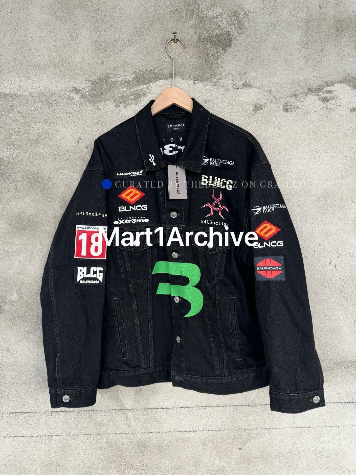 Balenciaga Black Denim Jacket with Patchwork and Green Logo Size US M / EU 48-50 / 2 - 2 Thumbnail