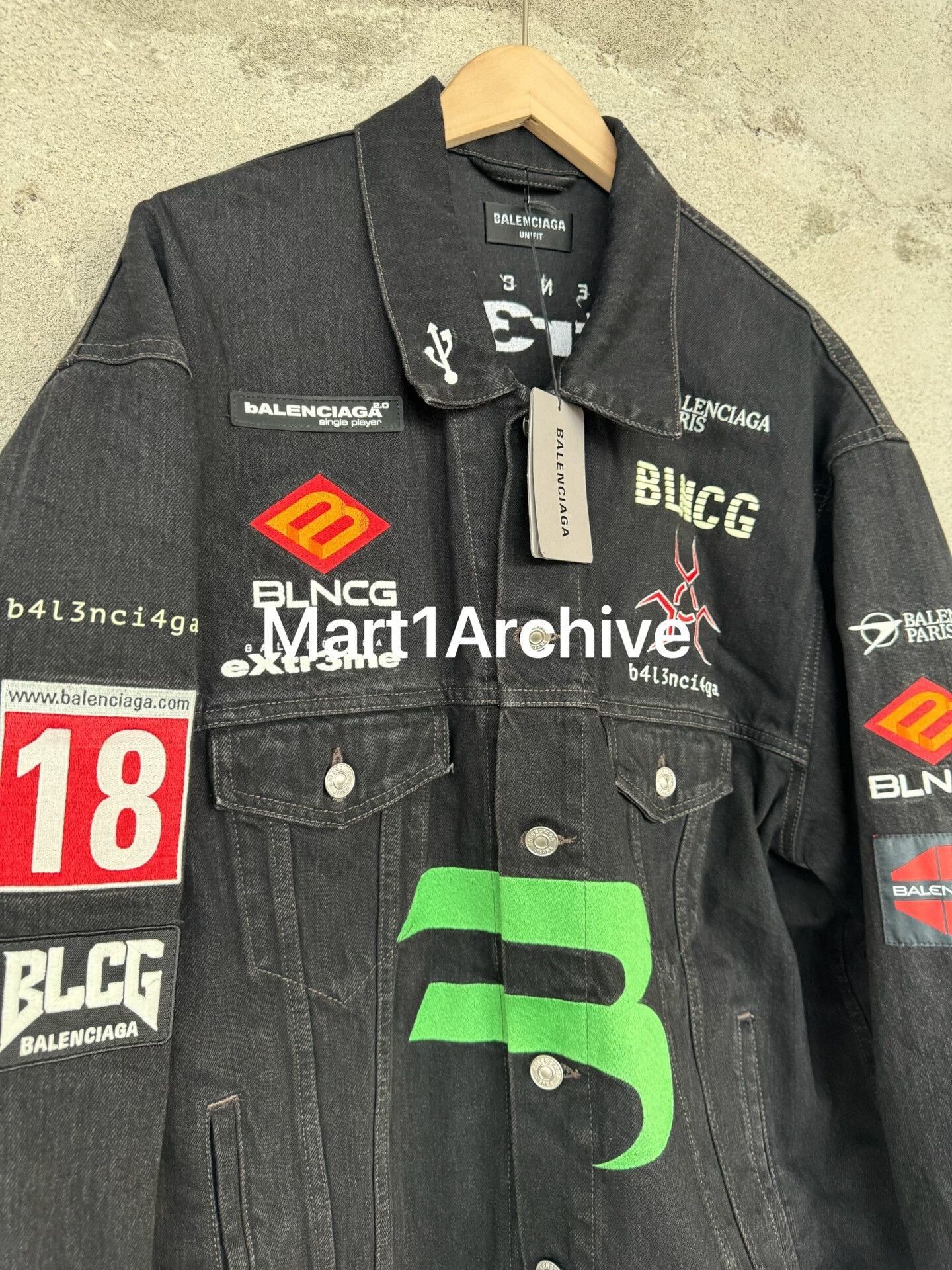 Balenciaga Black Denim Jacket with Patchwork and Green Logo Size US M / EU 48-50 / 2 - 5 Thumbnail