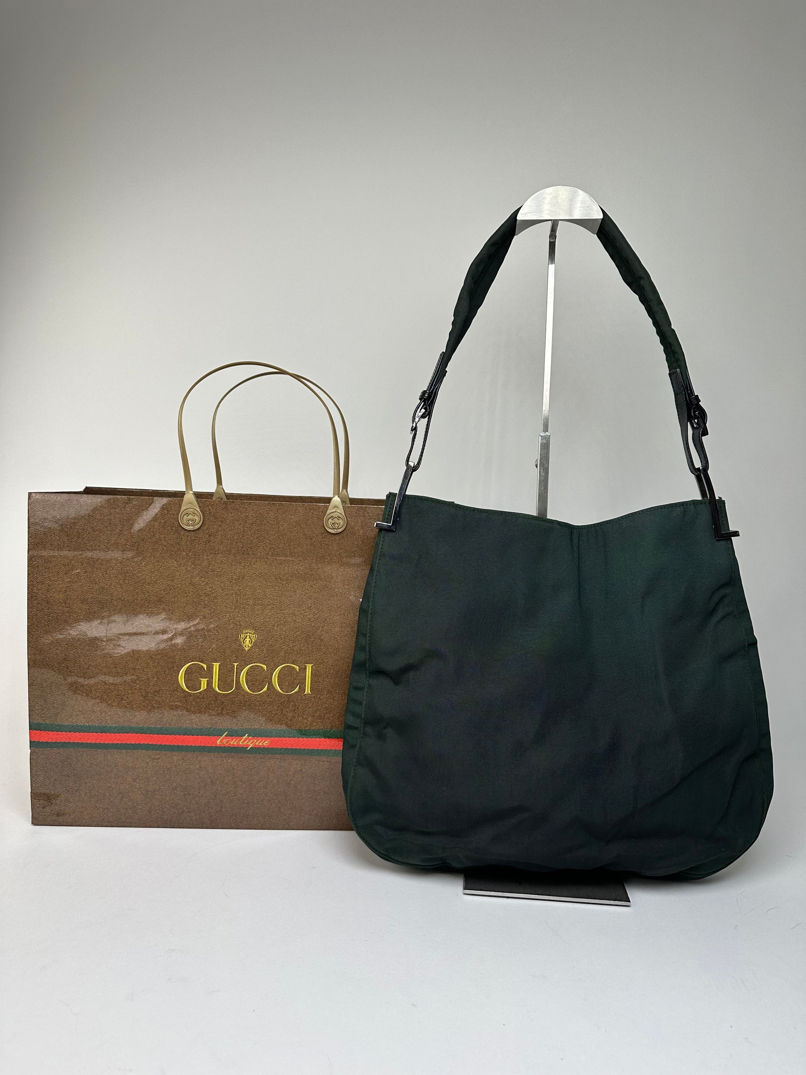Gucci Vintage Nylon Leather Trim Hobo Shoulder Bag Green Size ONE SIZE - 13 Thumbnail