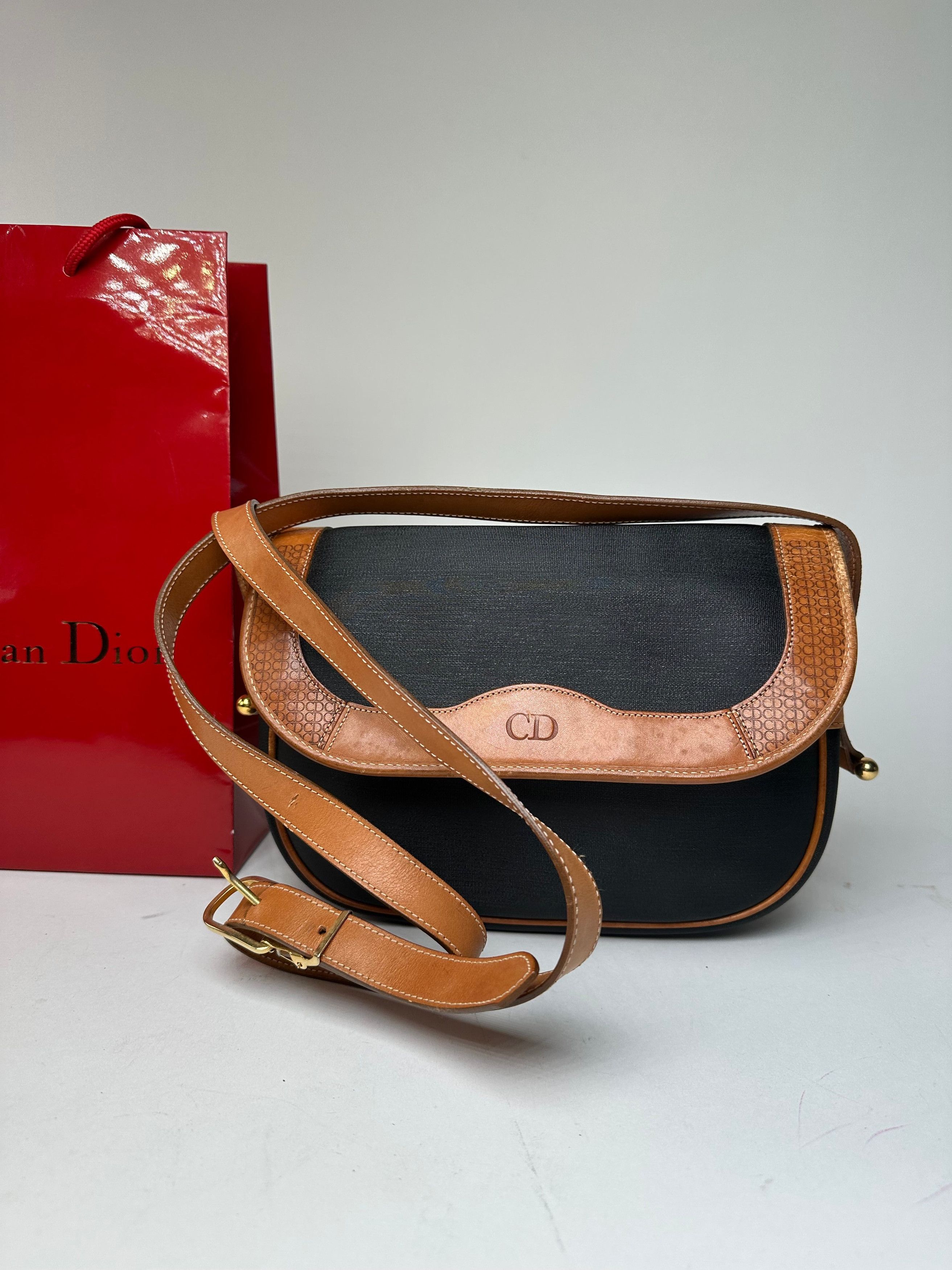 Dior Vintage Christian Crossbody Bag Black Canvas Cognac Leather Size ONE SIZE - 6 Thumbnail