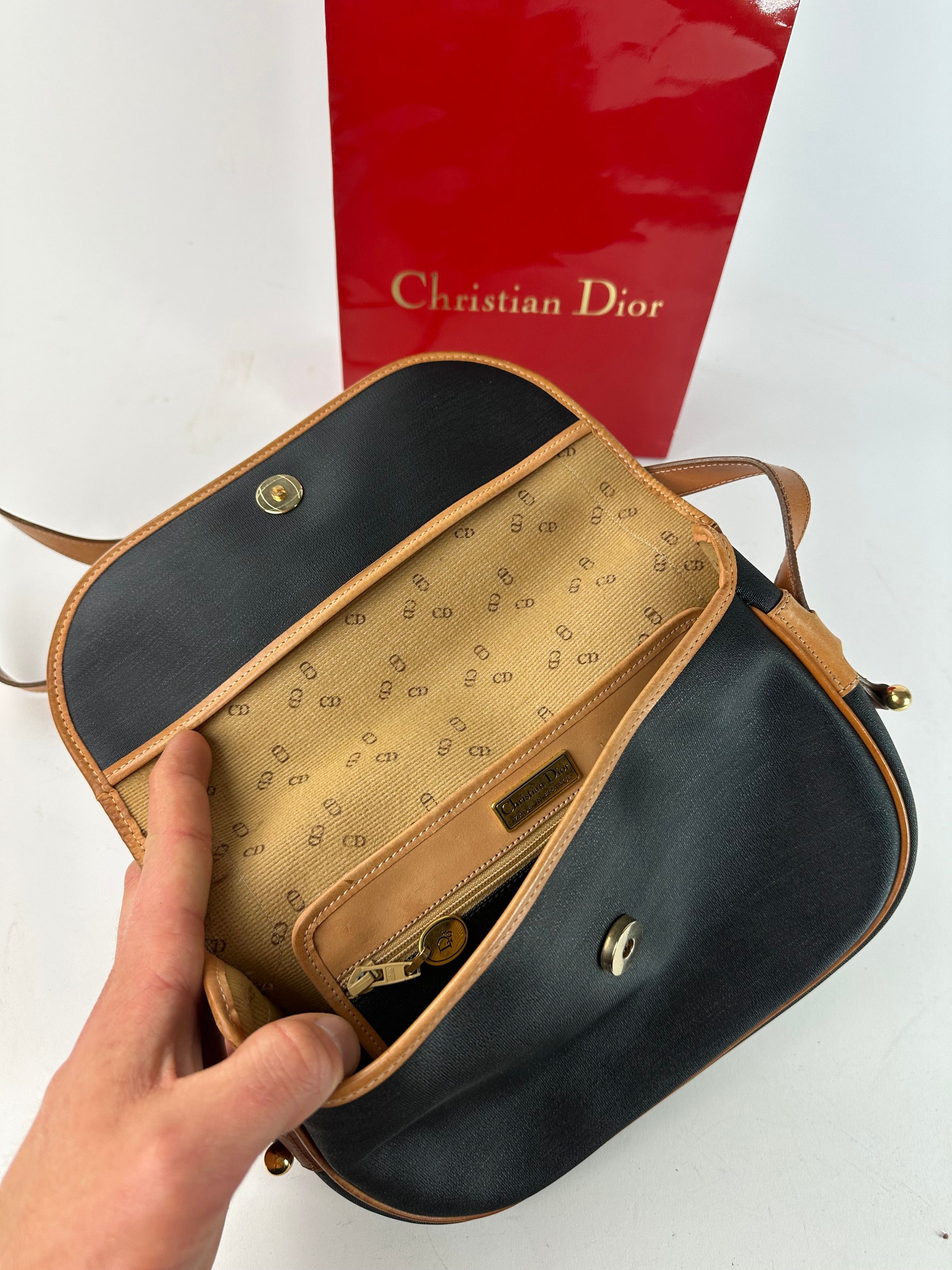 Dior Vintage Christian Crossbody Bag Black Canvas Cognac Leather Size ONE SIZE - 3 Thumbnail