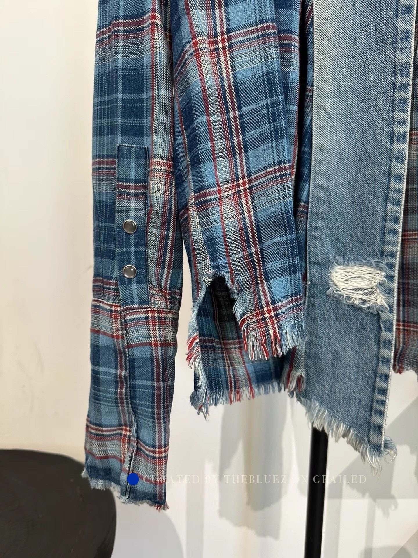Greg Lauren Blue Plaid Distressed Long Sleeve Button-Up Shirt Size US L / EU 52-54 / 3 - 5 Thumbnail