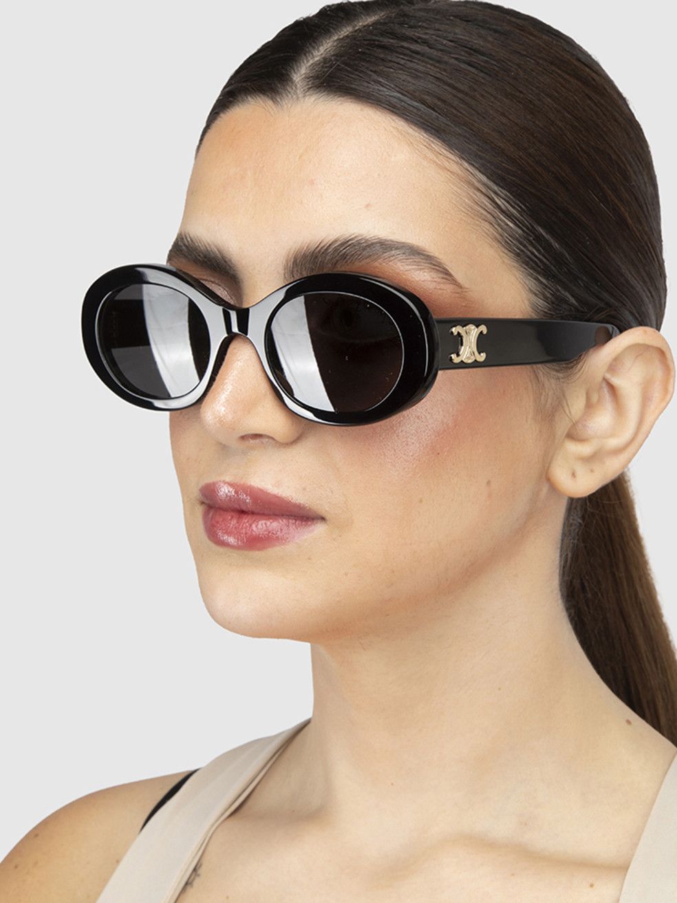 Celine Black Shiny Oval Sunglasses Size ONE SIZE - 2 Thumbnail