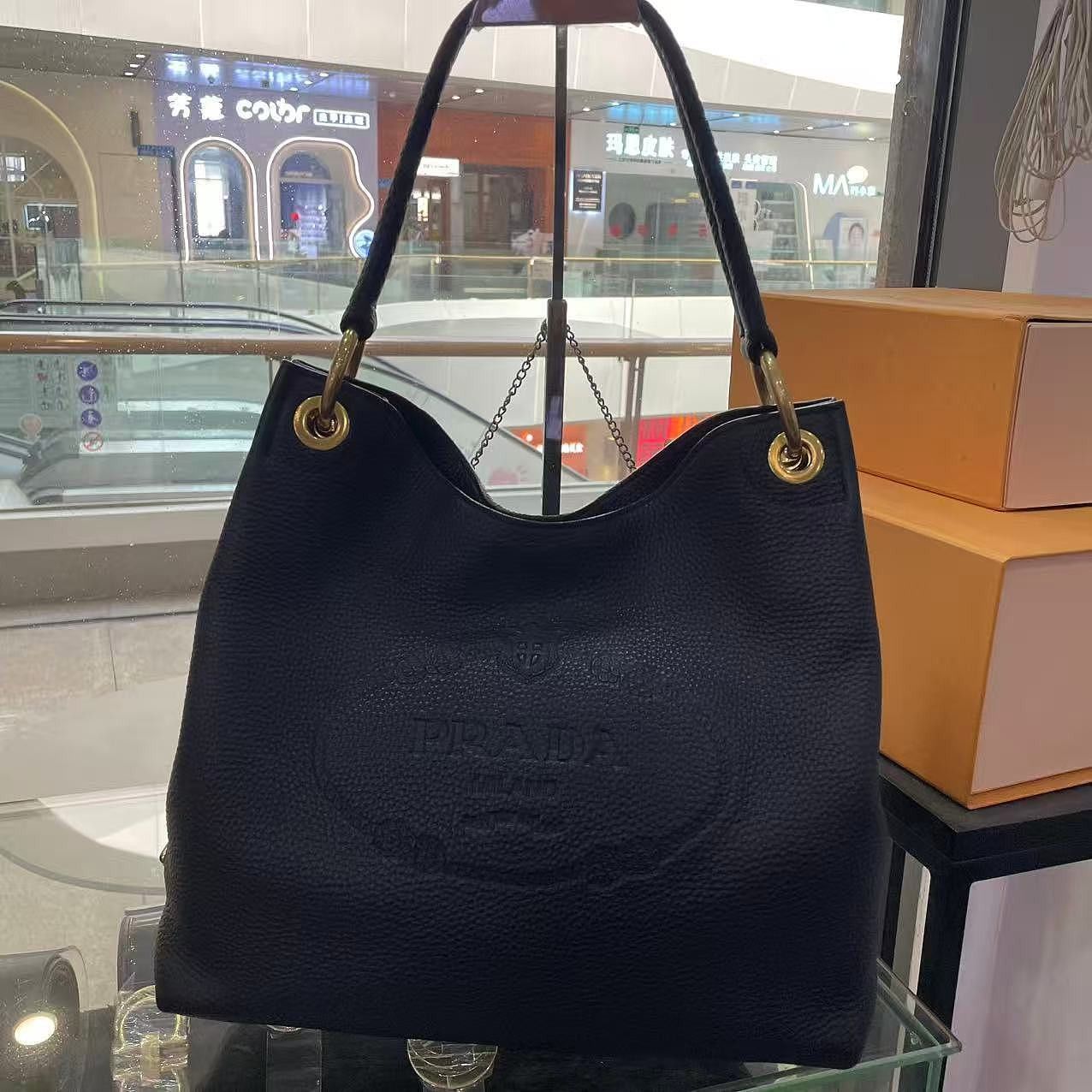 Prada Prada Embossed Logo Hobo Bag Black One Size Size ONE SIZE - 2 Thumbnail