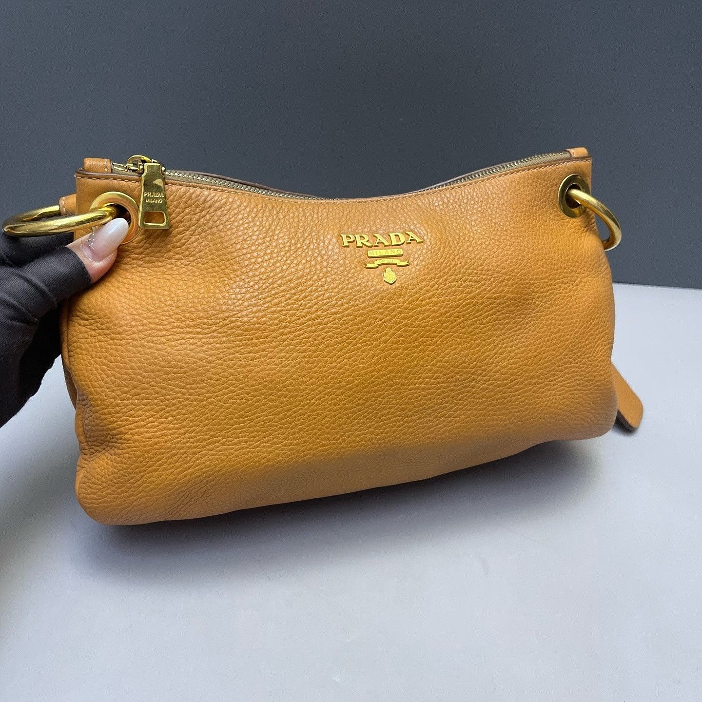 Prada Prada Orange Pebble Leather Shoulder Bag Size ONE SIZE - 16 Thumbnail