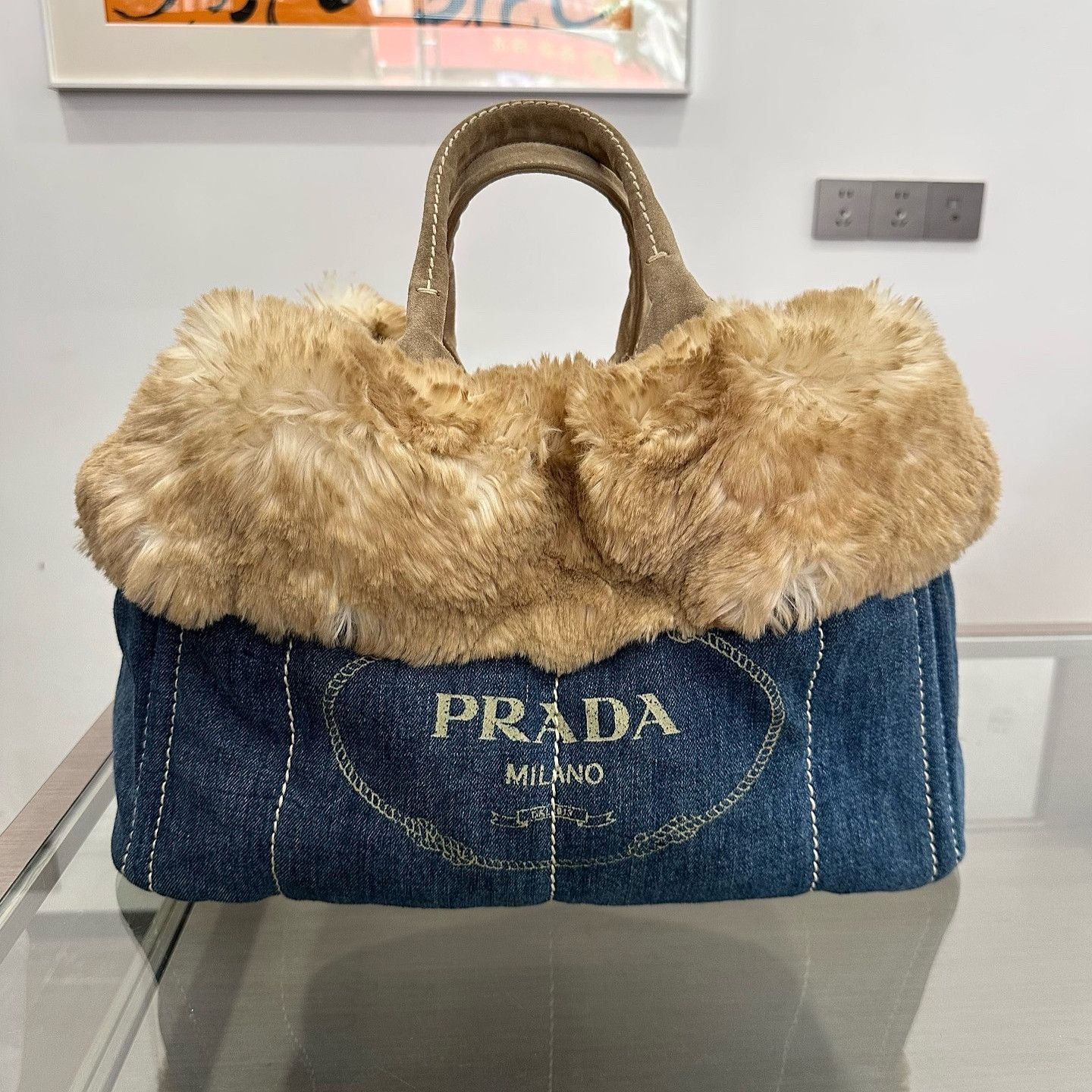 Prada Prada Denim Faux Fur Tote Bag ONE SIZE Size ONE SIZE - 7 Thumbnail