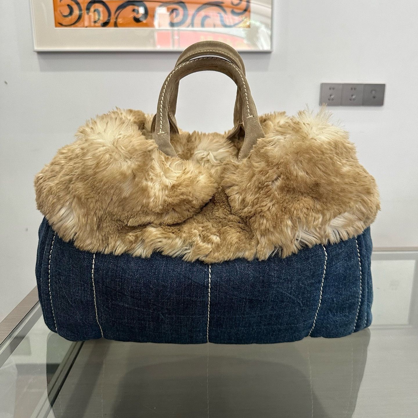 Prada Prada Denim Faux Fur Tote Bag ONE SIZE Size ONE SIZE - 3 Thumbnail