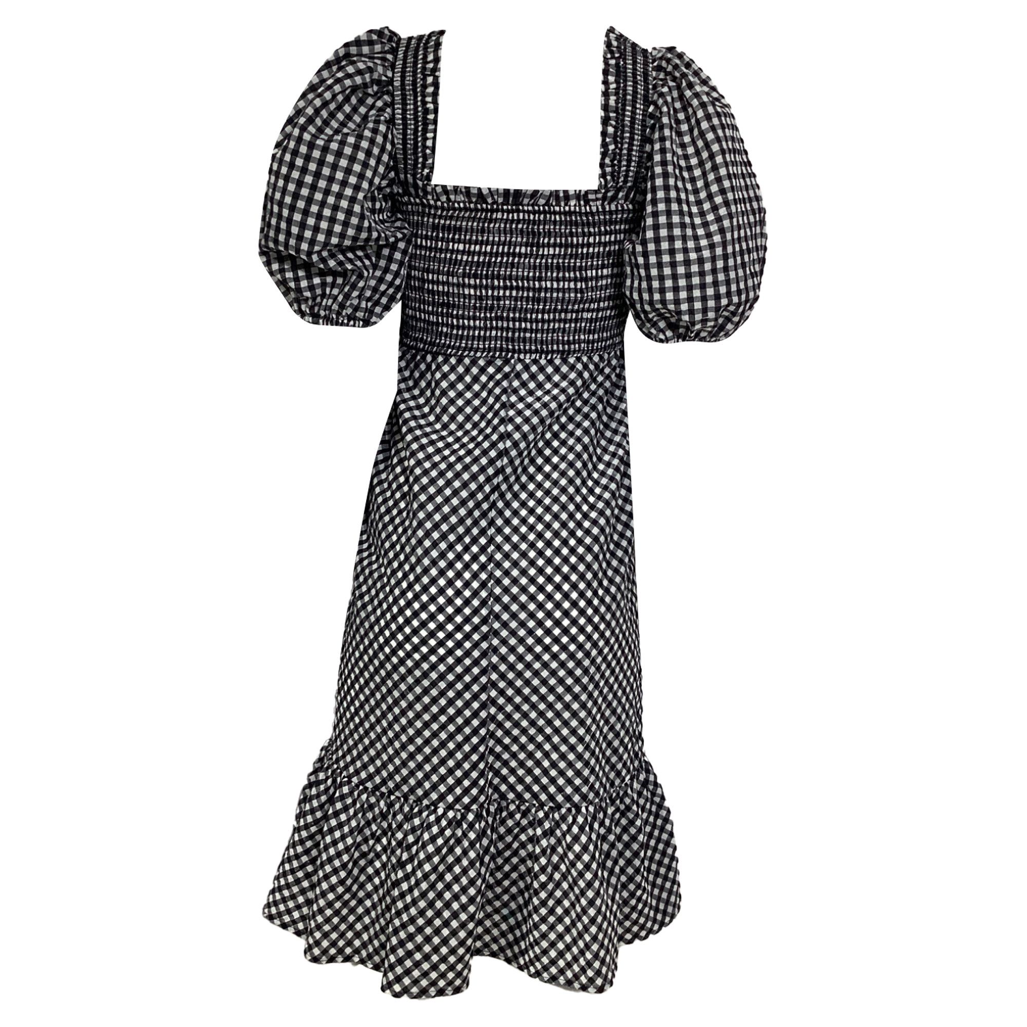 Ganni Ganni Gingham Puffed Sleeve Midi Dress in Black Cotton Size XS / US 0-2 / IT 36-38 - 6 Thumbnail