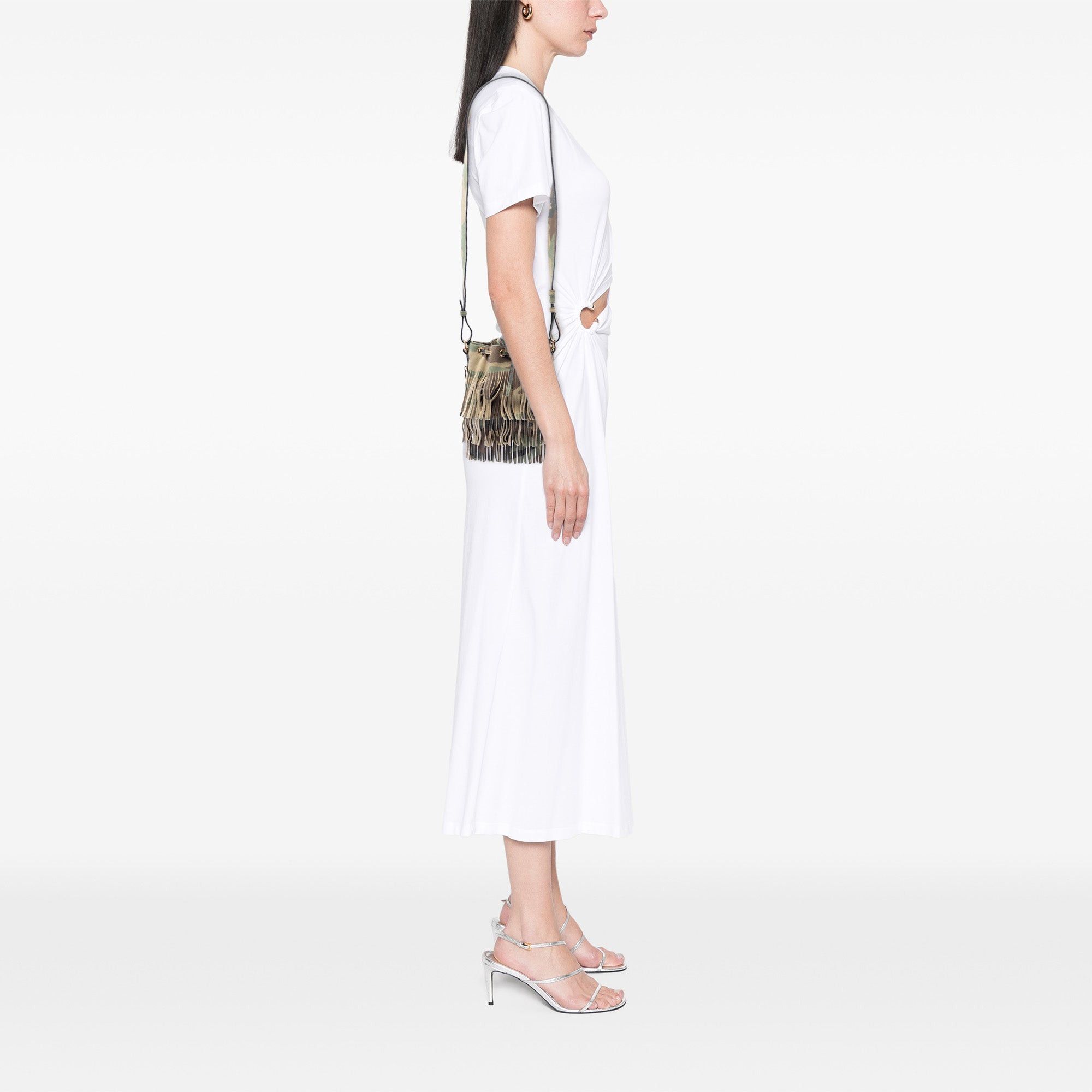 Saint Laurent Paris Small Camouflage Print Suede Emmanuelle Fringe Bucket Bag Size ONE SIZE - 6 Thumbnail