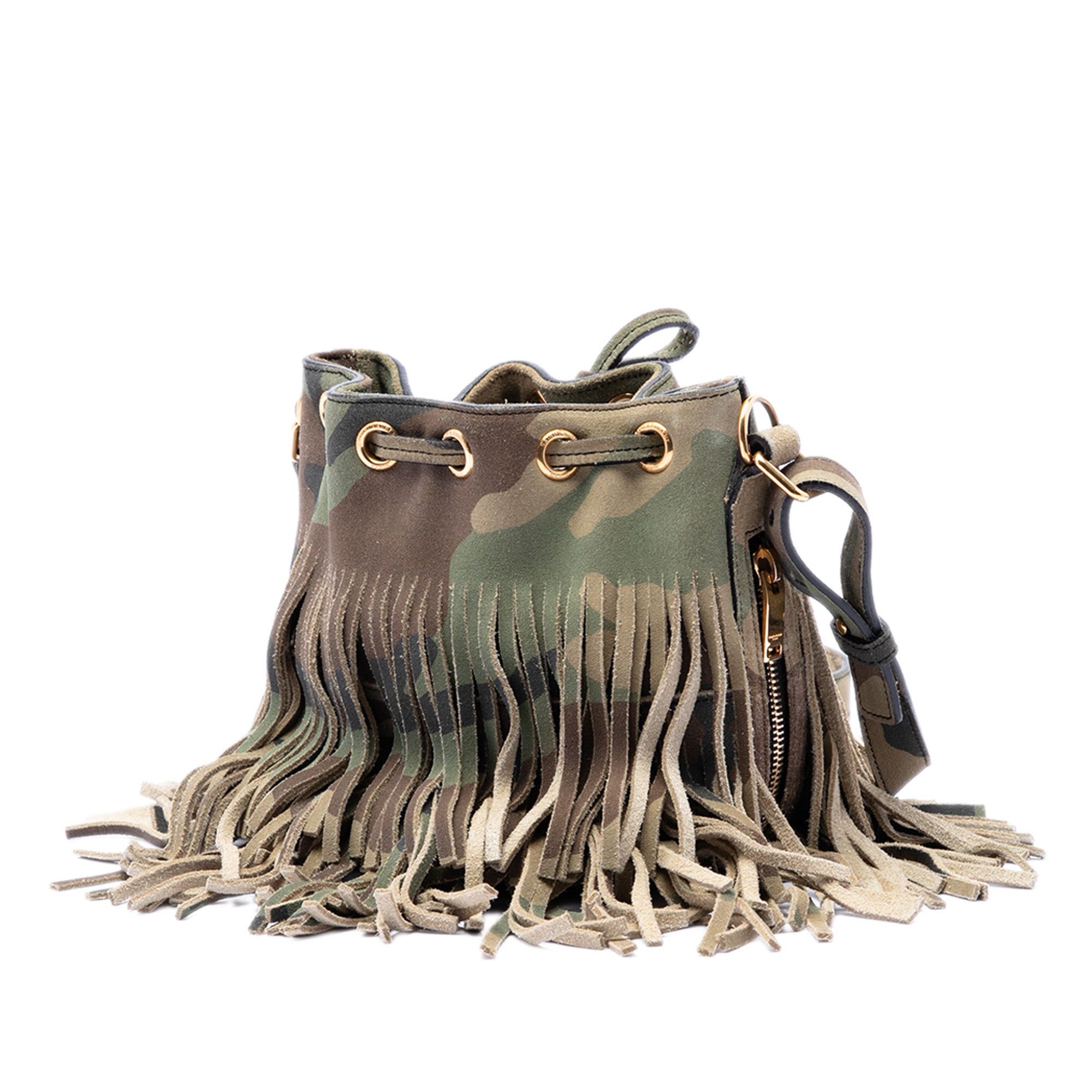 Saint Laurent Paris Small Camouflage Print Suede Emmanuelle Fringe Bucket Bag Size ONE SIZE - 2 Thumbnail
