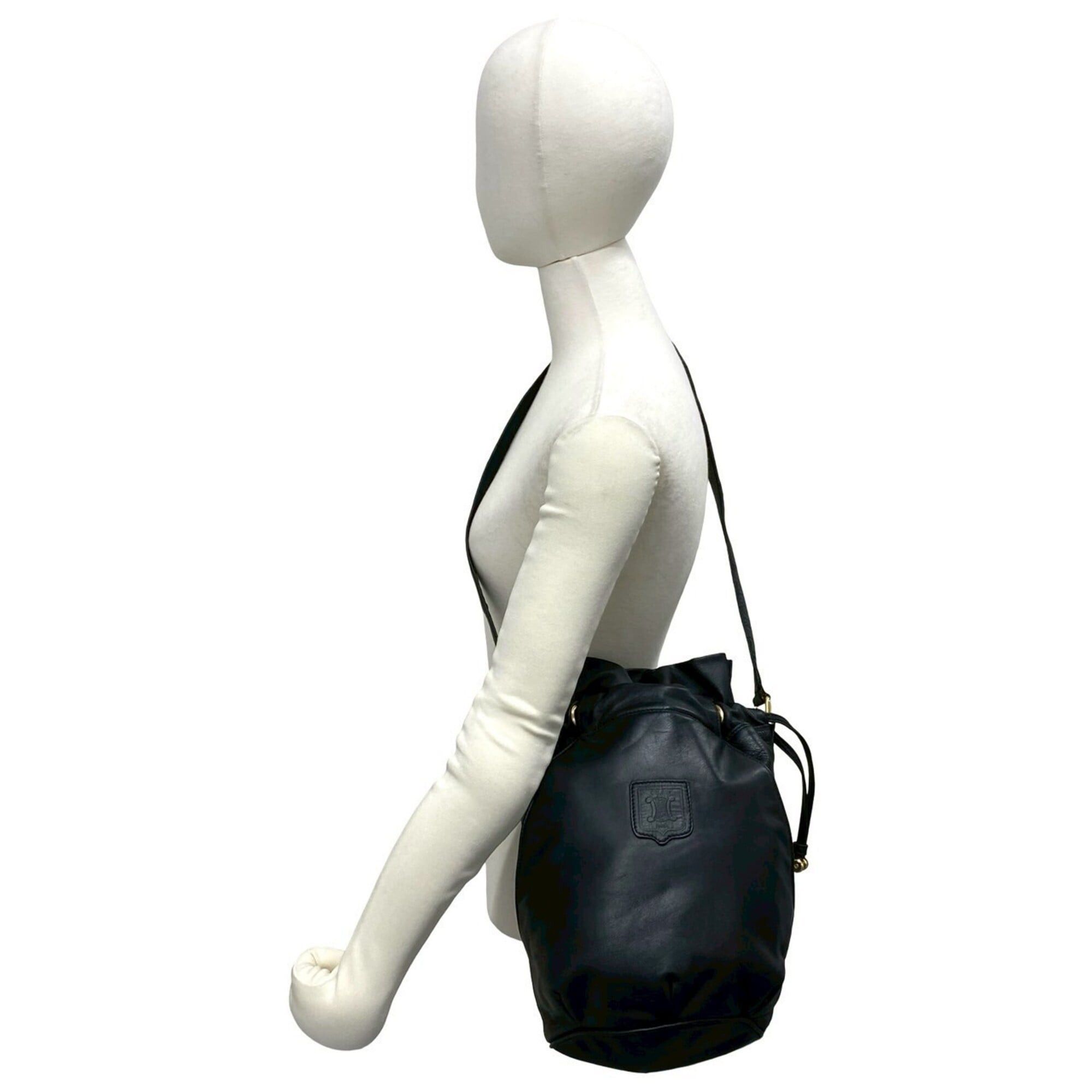 Celine CELINE Vintage Triomphe Logo Leather Drawstring Semi-One Shoulder Bag Tote Black 34001 Size ONE SIZE - 2 Thumbnail