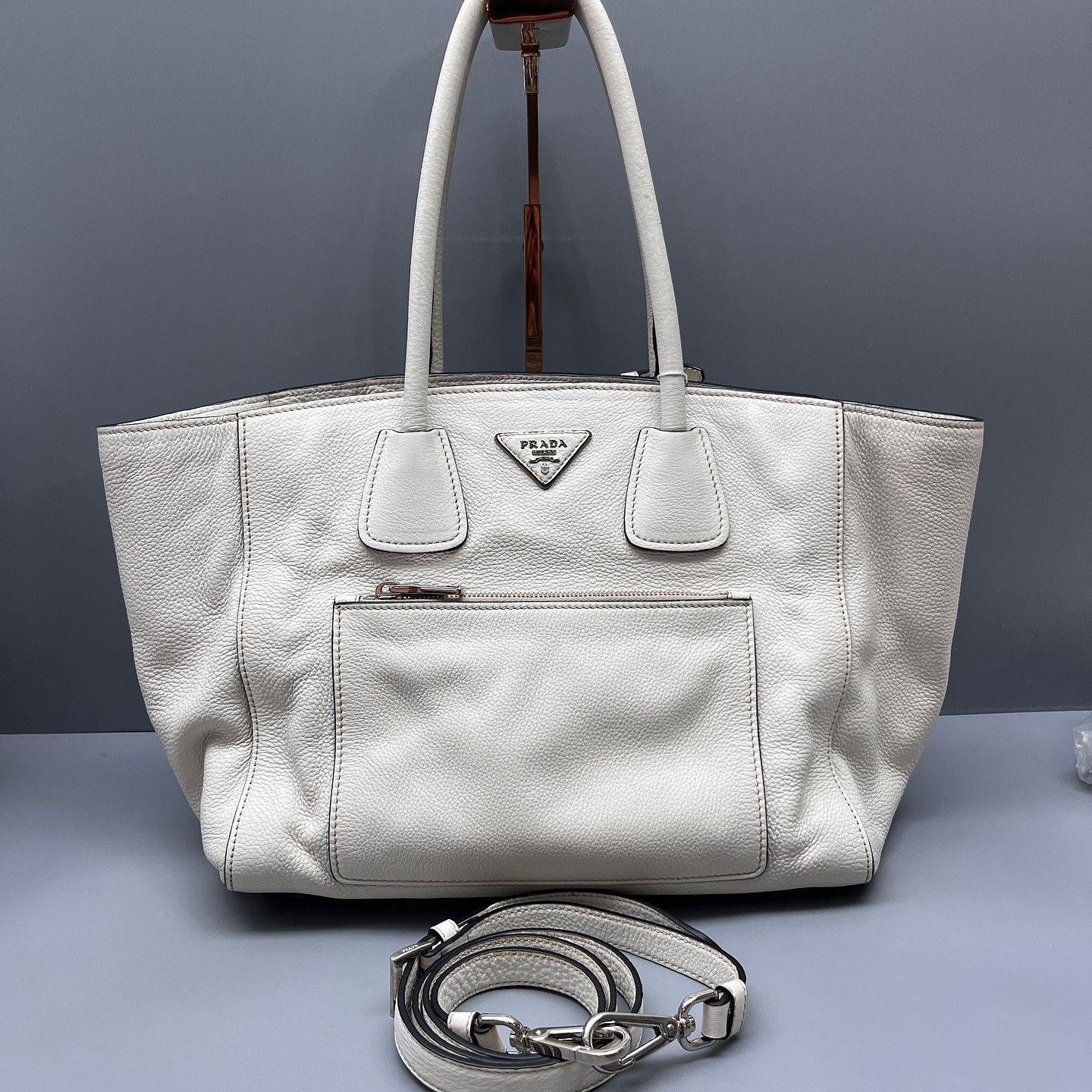 Prada Prada Pebbled Leather Triangle Logo Tote Bag Size ONE SIZE - 6 Thumbnail