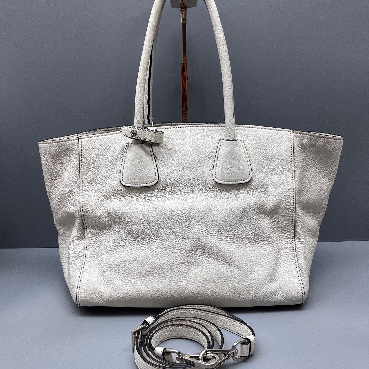 Prada Prada Pebbled Leather Triangle Logo Tote Bag Size ONE SIZE - 3 Thumbnail