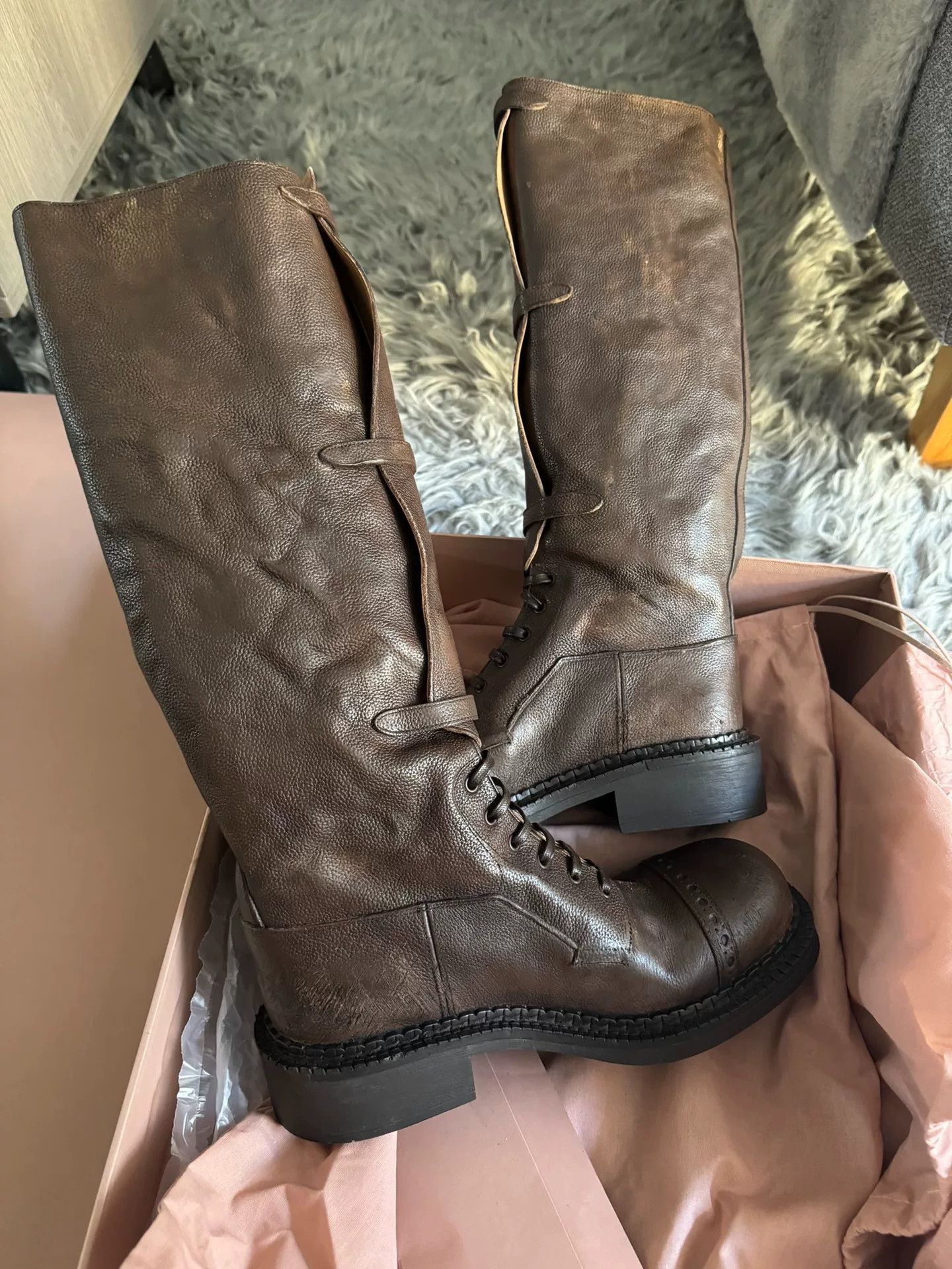 Miu Miu Miu Miu Brown Distressed Buckle Tall Boots Size US 7 / IT 37 - 2 Thumbnail