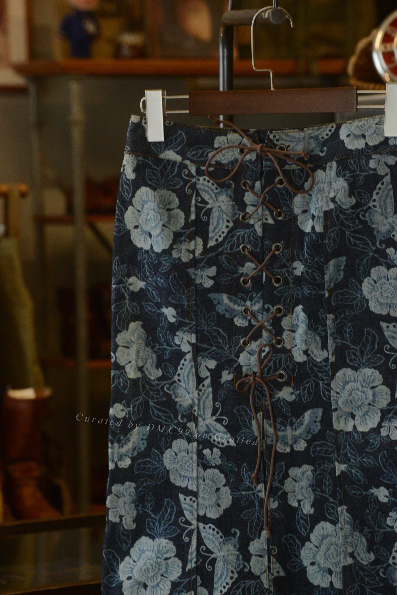 Vintage Denim Print Mermaid Skirt Leather Strap Size 37" - 2 Thumbnail