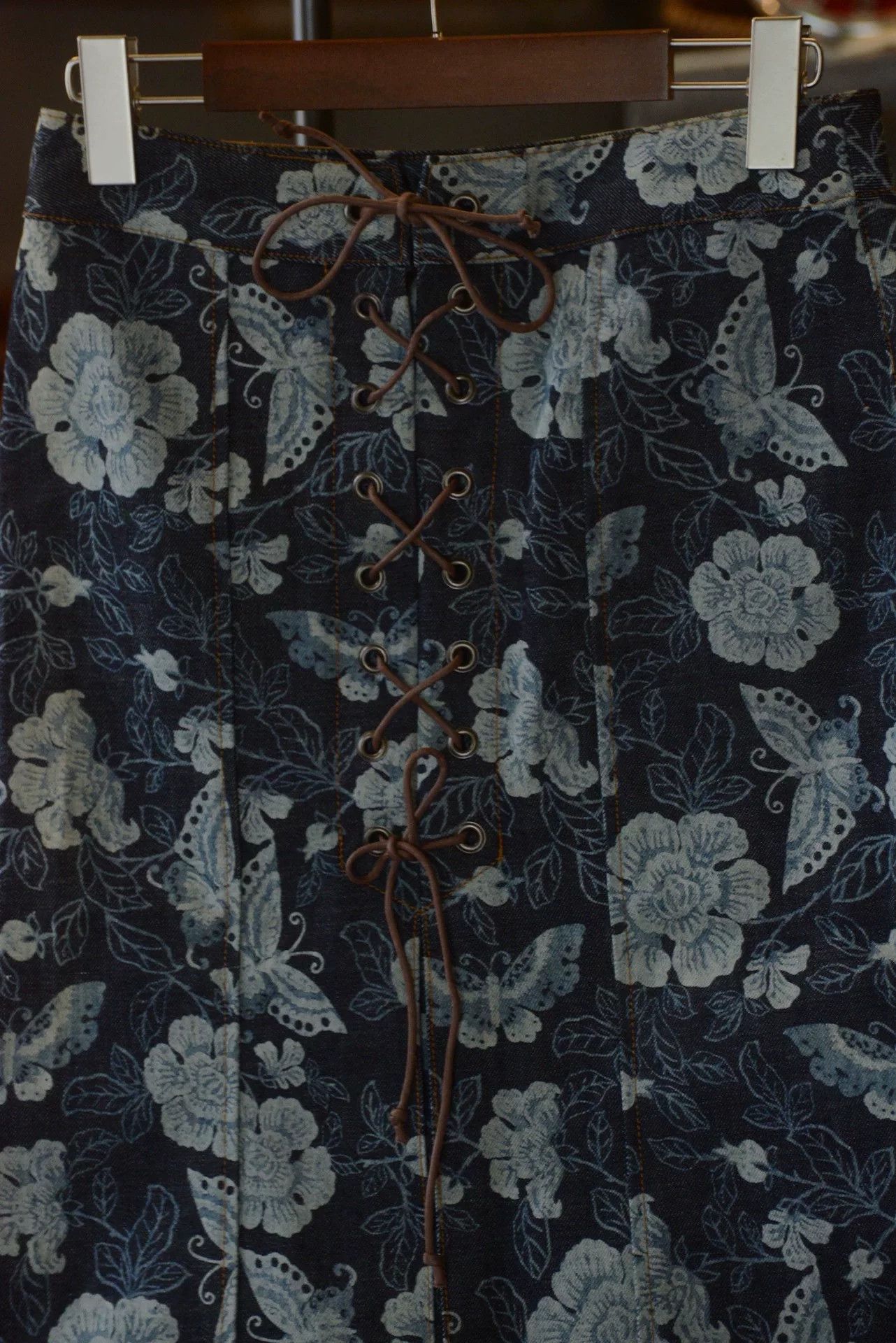 Vintage Denim Print Mermaid Skirt Leather Strap Size 37" - 4 Thumbnail