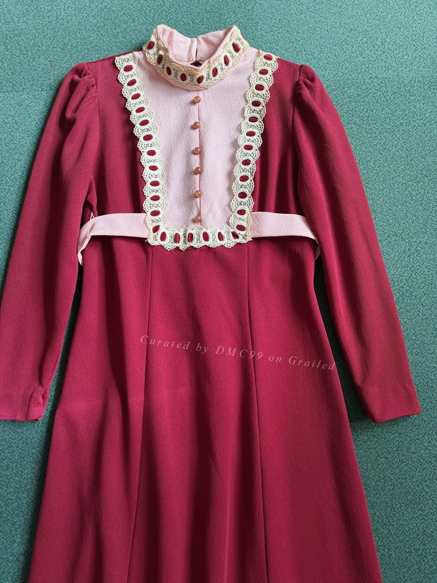 Vintage 1970s USA Red Lace Collar Long Dress Size M / US 6-8 / IT 42-44 - 2 Thumbnail