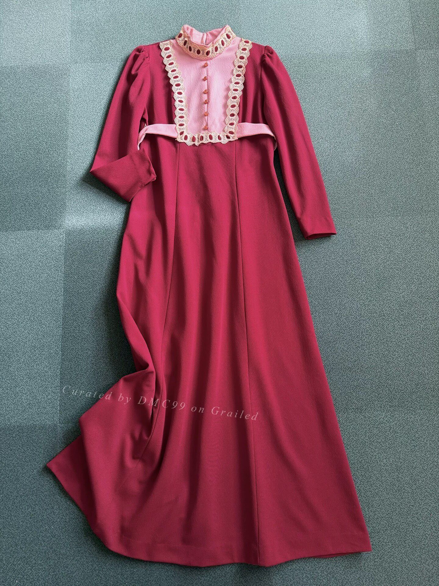 Vintage 1970s USA Red Lace Collar Long Dress Size M / US 6-8 / IT 42-44 - 3 Thumbnail
