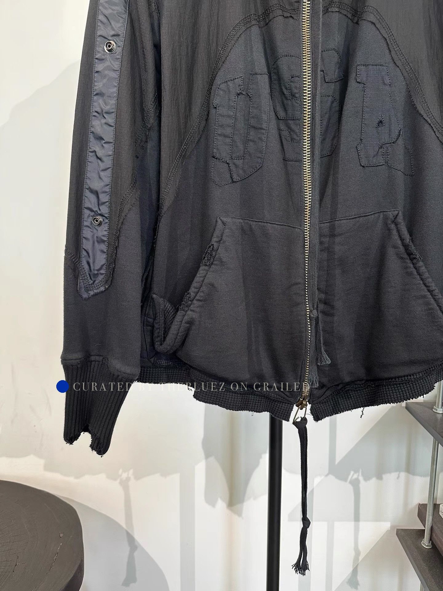 Greg Lauren Black Hooded Zip-Up Jacket with Contrast Sleeves Size US M / EU 48-50 / 2 - 5 Thumbnail