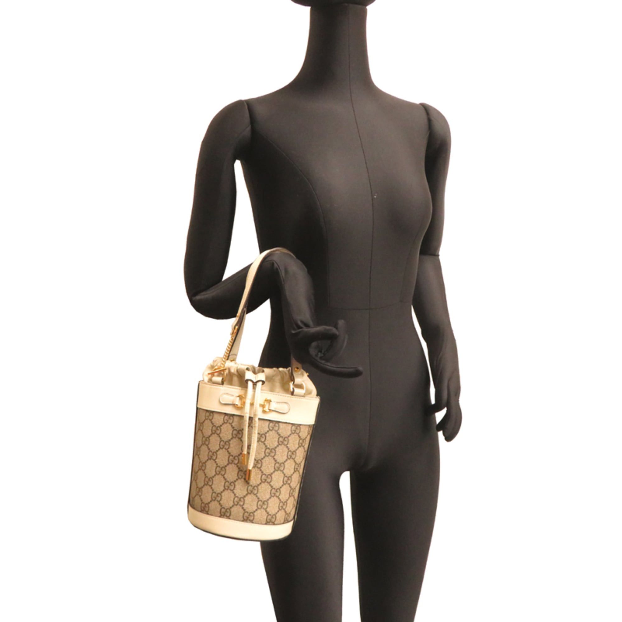 Gucci Gucci Logo Horsebit Bucket Bag, Women's Handbag, 637115 GG Supreme, White Size ONE SIZE - 9 Thumbnail