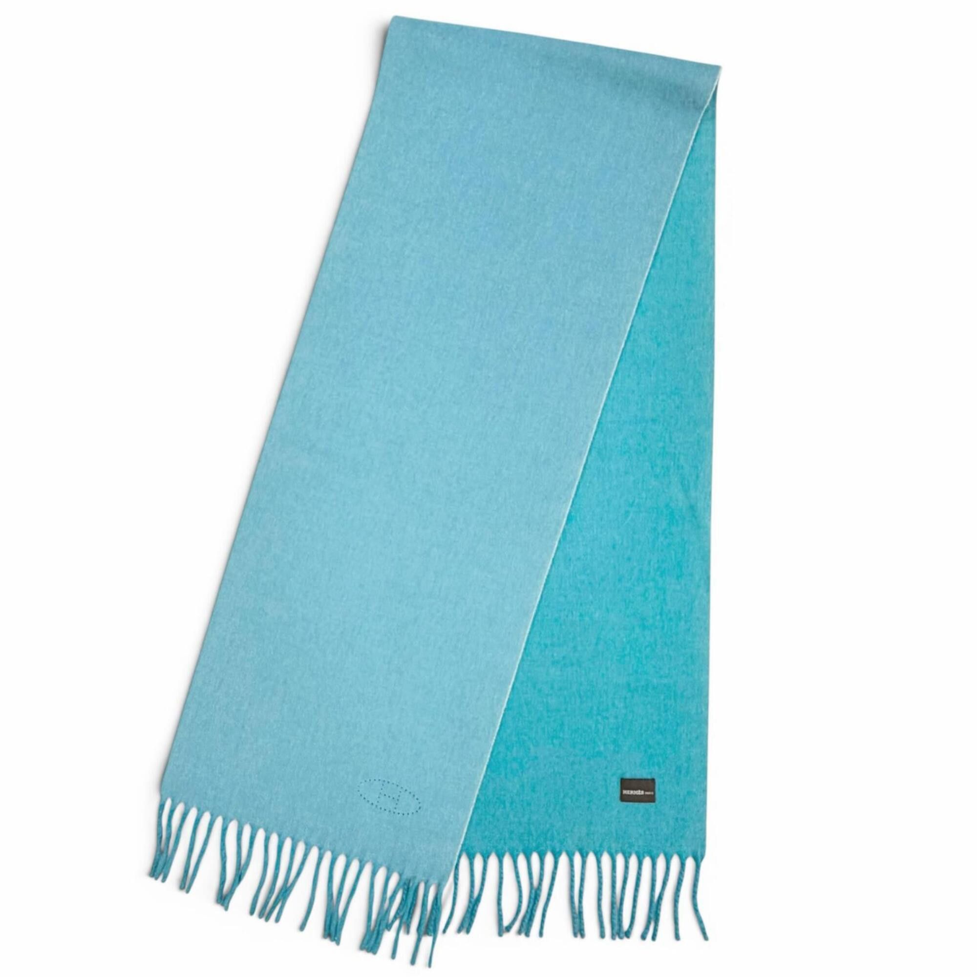 Hermes HERMES 100% Cashmere Blue Turquoise Evelyn H Logo Fringe Bicolor Stole/Scarf, Made in Italy, Women's, with Box. Size ONE SIZE - 3 Thumbnail