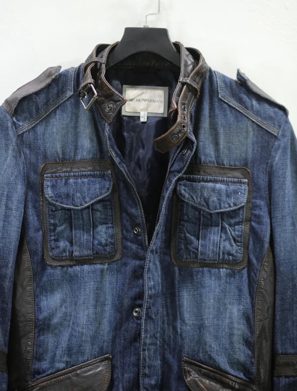 Vintage Vintage 90s Emporio Armani Leather Patch Denim Jacket Size US S / EU 44-46 / 1 - 3 Thumbnail
