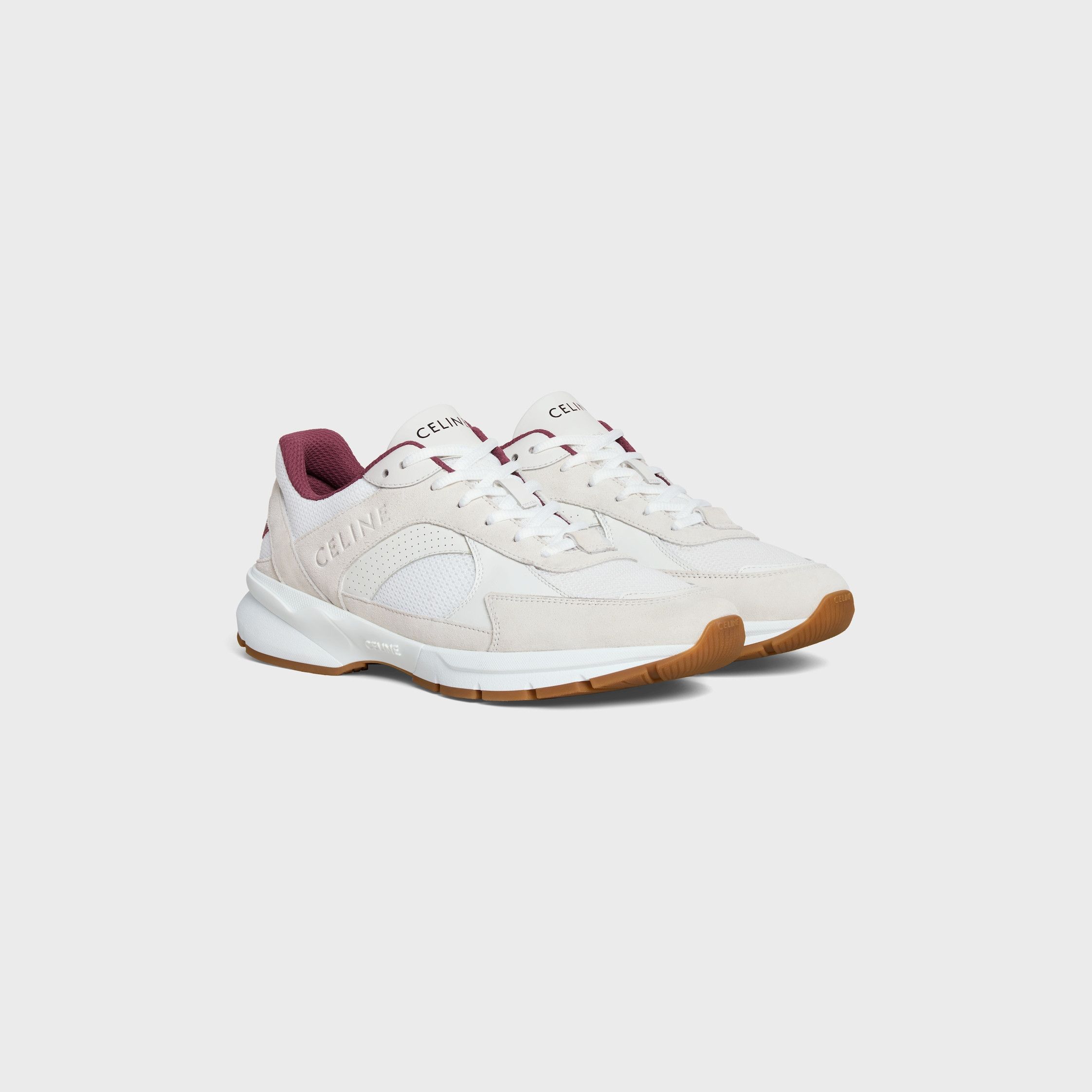 Celine CELINE RUNNER CR-03 LOW LACE-UP SNEAKER IN MESH, SUEDE CALFSKIN AND PERFORATED CALFSKIN white/beige/burgundy Size US 7 / EU 40 - 2 Thumbnail