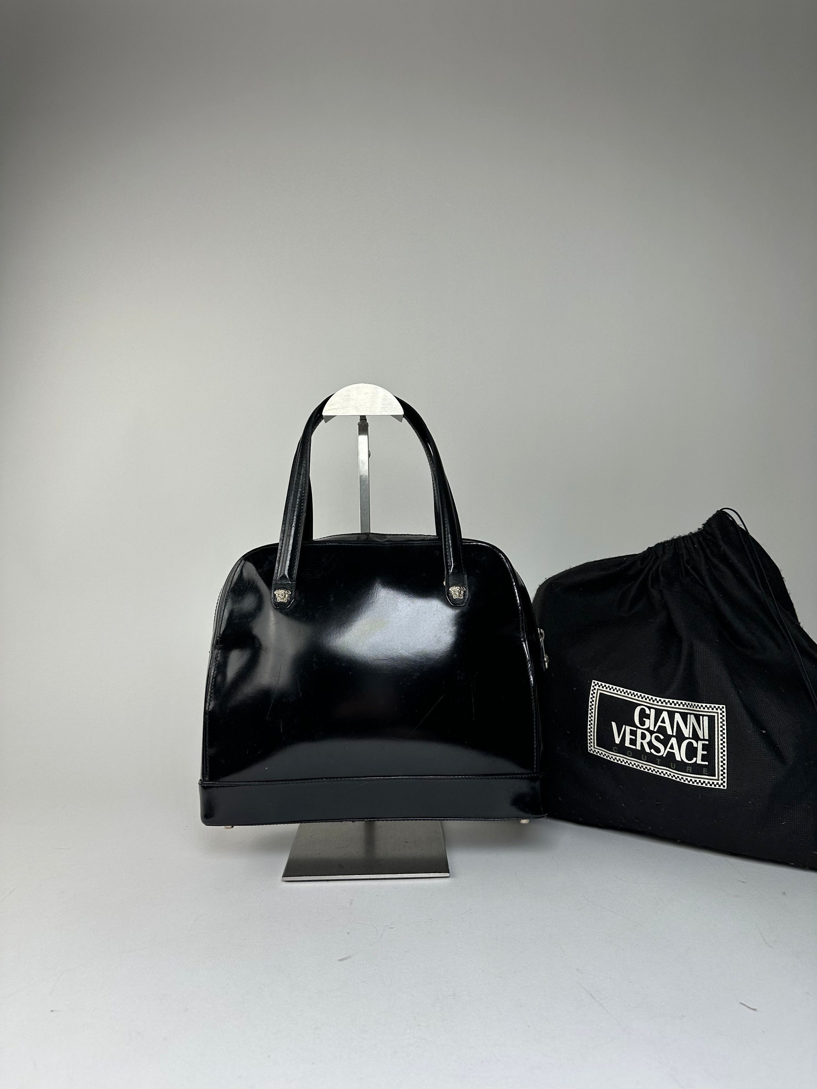 Versace Gianni Black Patent Leather Handbag with Silver-Tone Medusa Size ONE SIZE - 2 Thumbnail