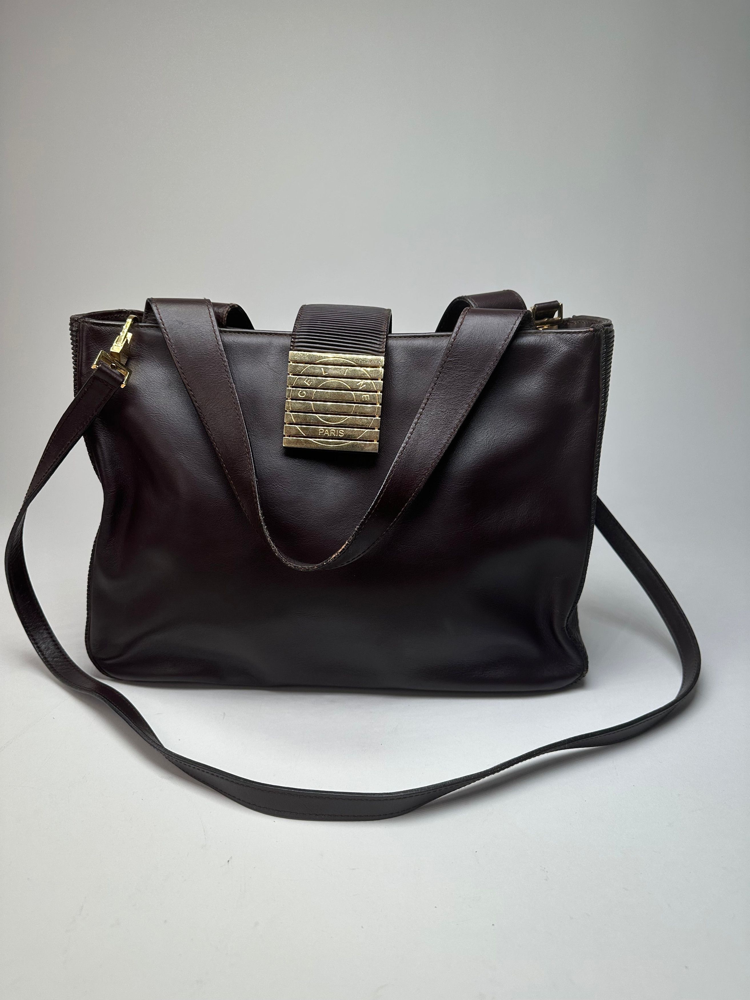 Celine Vintage Smooth Leather Tote Y2K Dark Brown Gold Size ONE SIZE - 9 Thumbnail