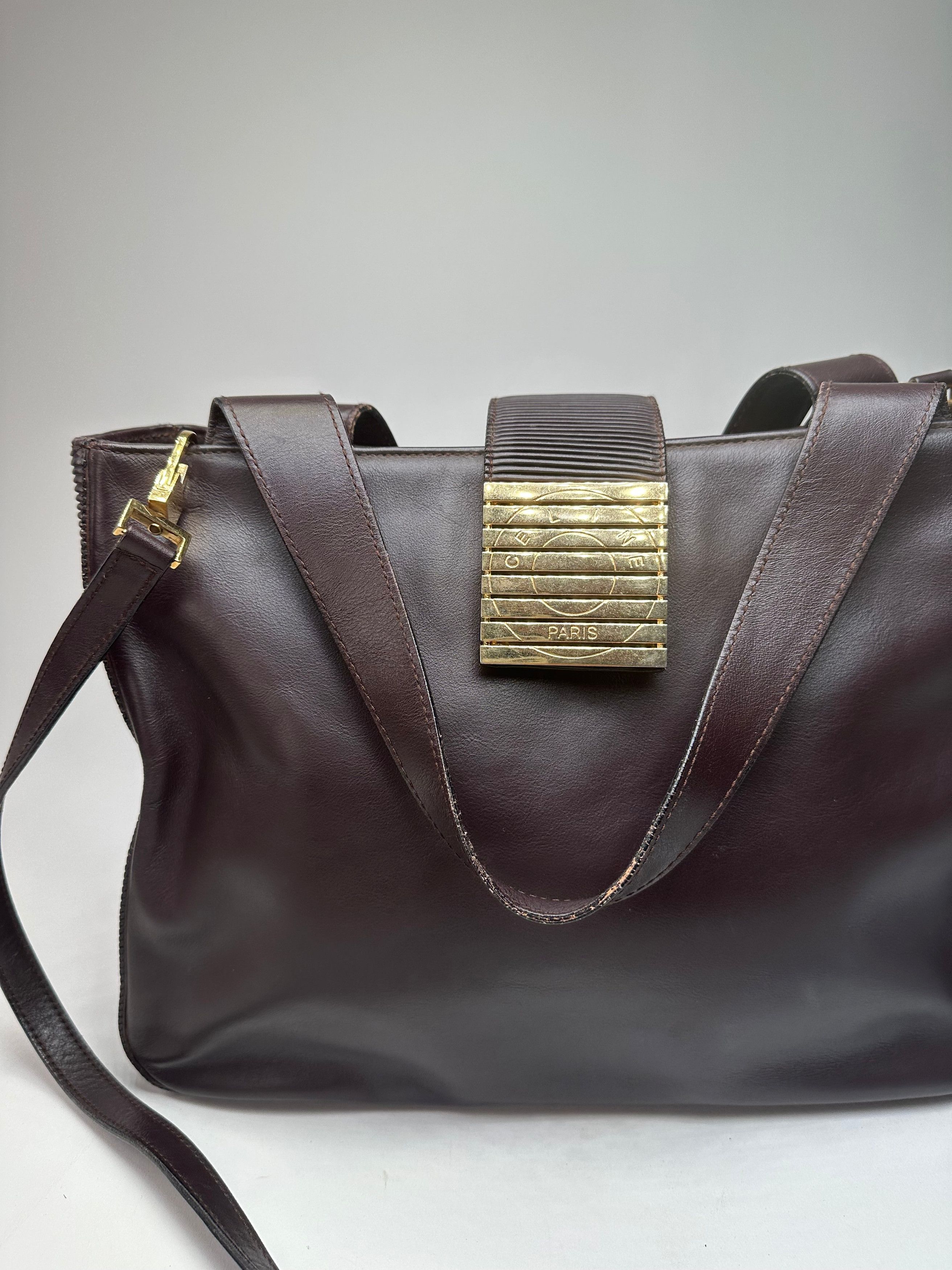 Celine Vintage Smooth Leather Tote Y2K Dark Brown Gold Size ONE SIZE - 14 Thumbnail