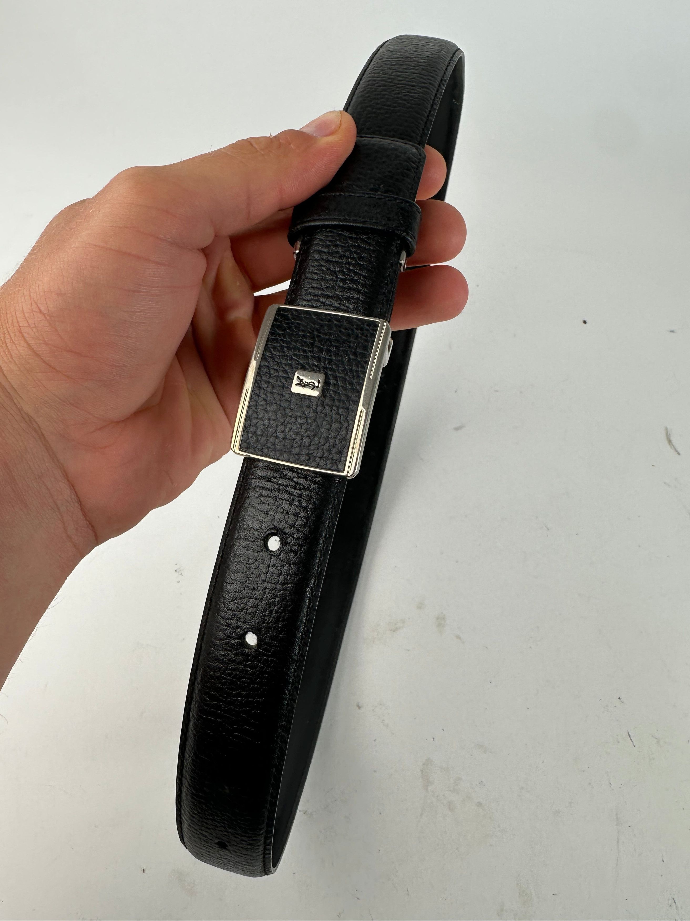 Yves Saint Laurent Textured Leather Belt Silver Buckle Black Size ONE SIZE - 2 Thumbnail