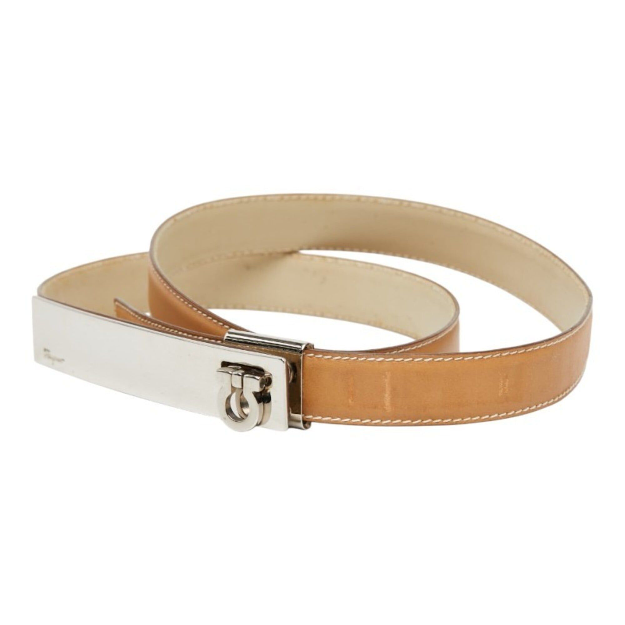 Salvatore Ferragamo Salvatore Ferragamo Gancini Belt, Size: 75, Beige Silver Leather Metal, Women's. Size ONE SIZE - 2 Thumbnail