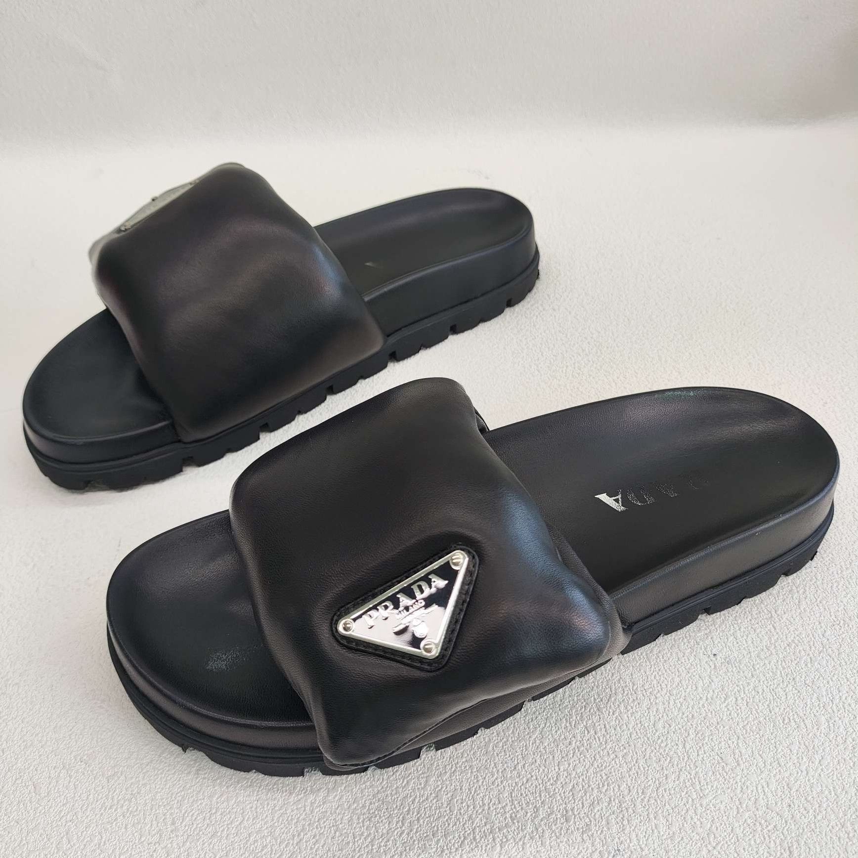 Prada Prada Logo Padded Leather Slides Size 37.5 Size US 7.5 / IT 37.5 - 2 Thumbnail