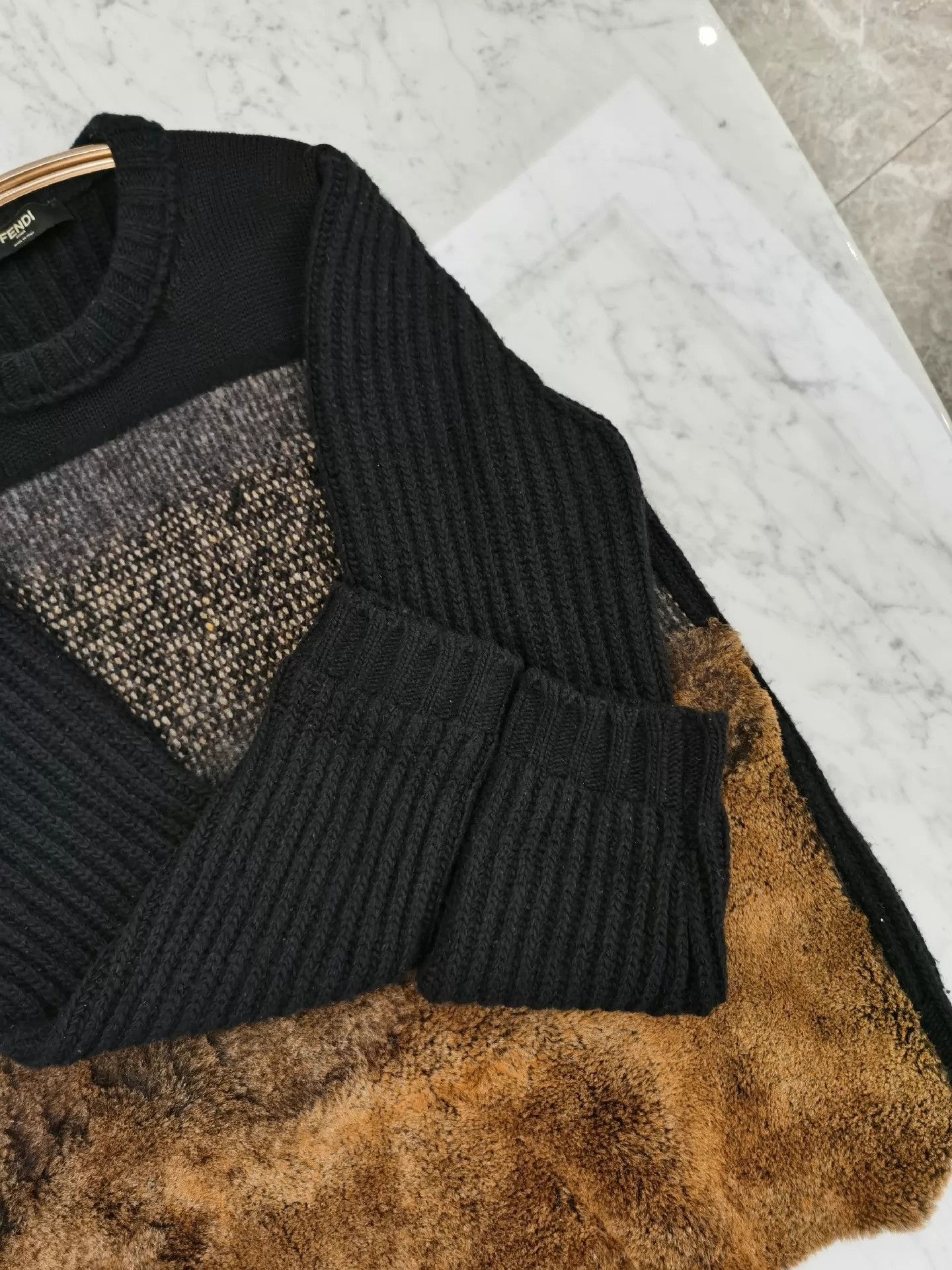 Fendi Black Wool Sweater with Leather Panels Size US M / EU 48-50 / 2 - 5 Thumbnail