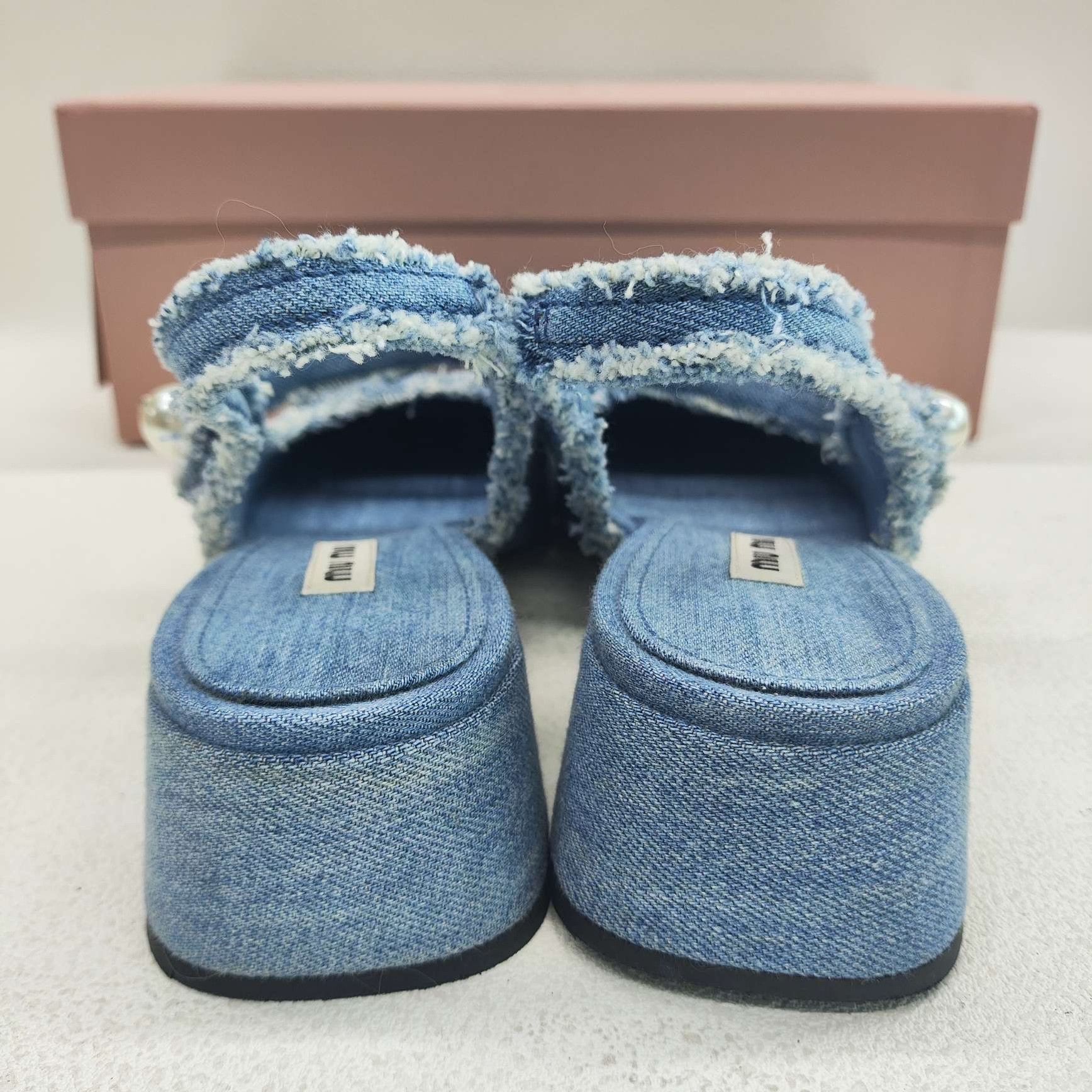Miu Miu Miu Miu Denim Pearl Chain Slingback Heels Size 37.5 Size US 7.5 / IT 37.5 - 6 Thumbnail