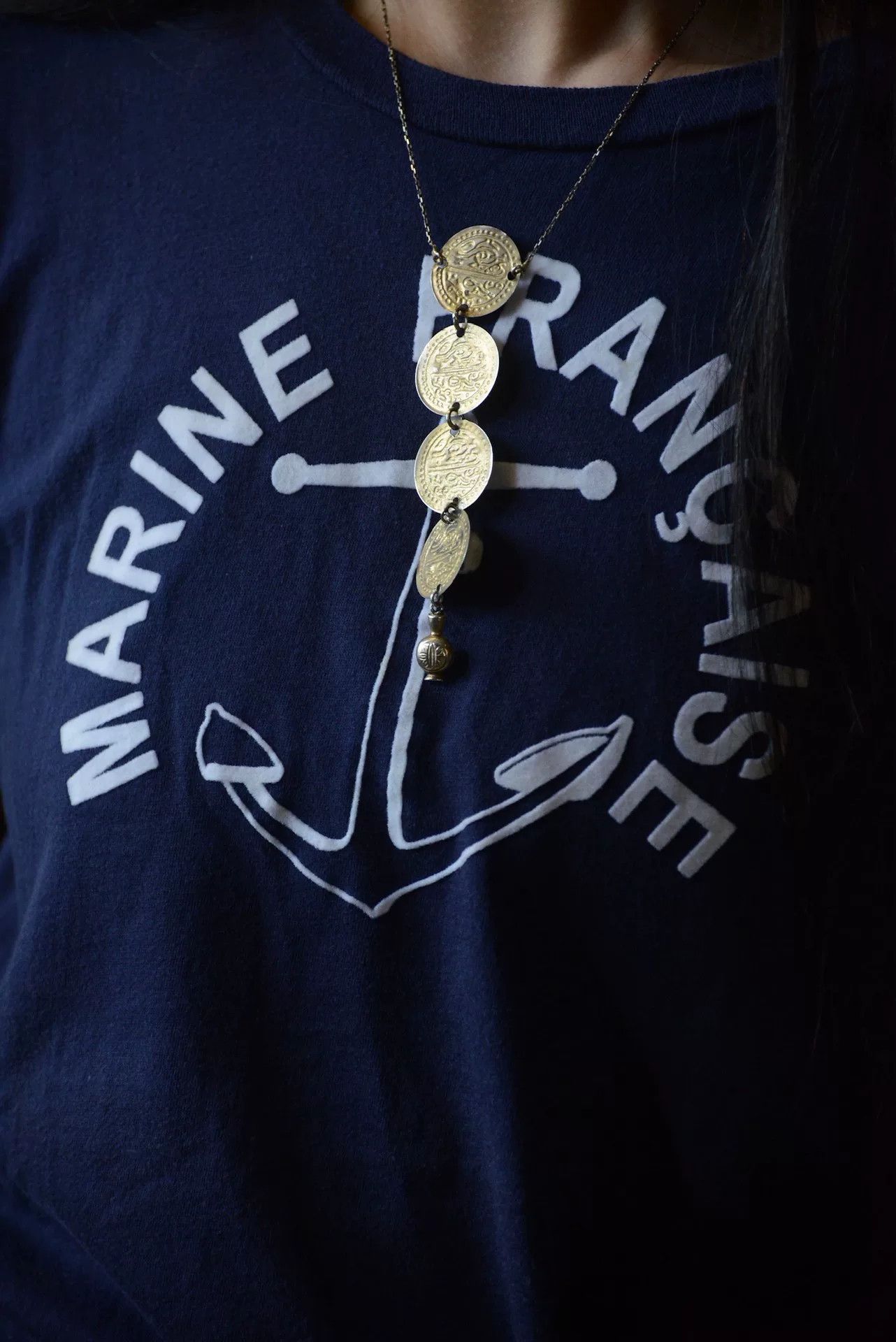 Vintage Vintage 1980s French Navy Flocked Print Tee Size M / US 6-8 / IT 42-44 - 8 Thumbnail