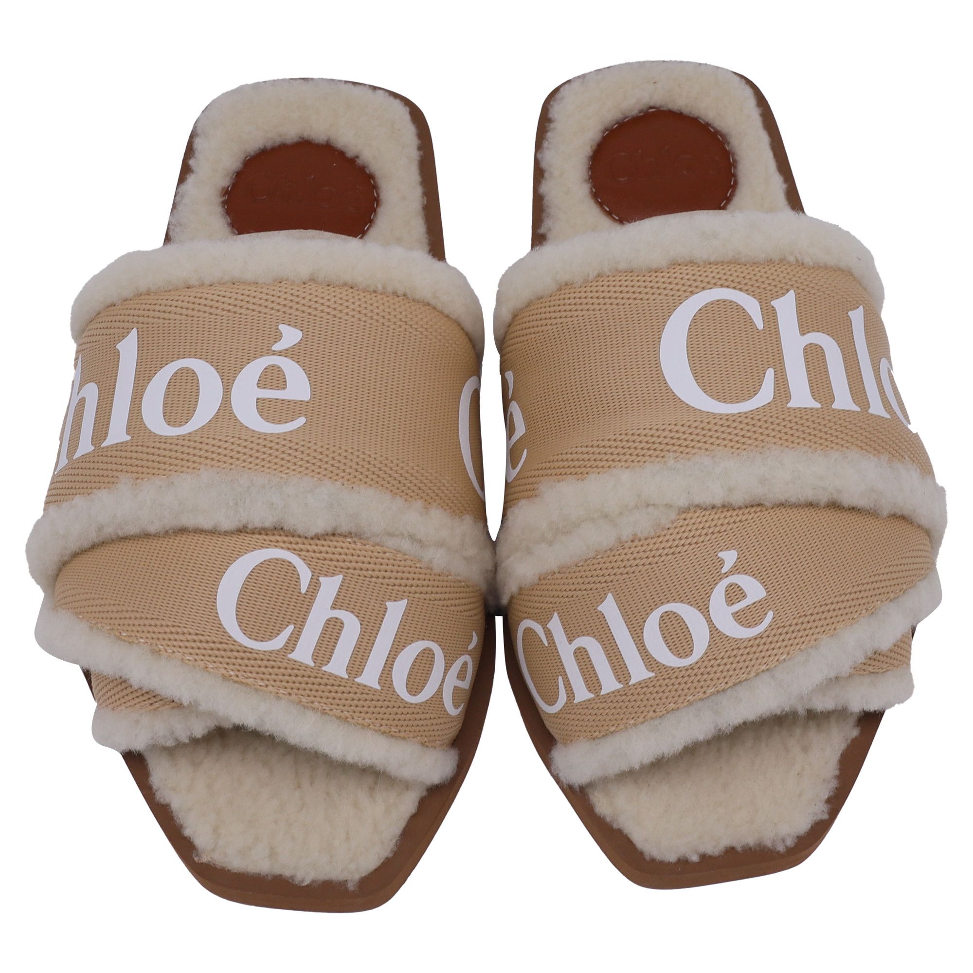 Chloe Chloe Woody Shearling Flat Slides in Beige Canvas Size US 5 / IT 35 - 6 Thumbnail