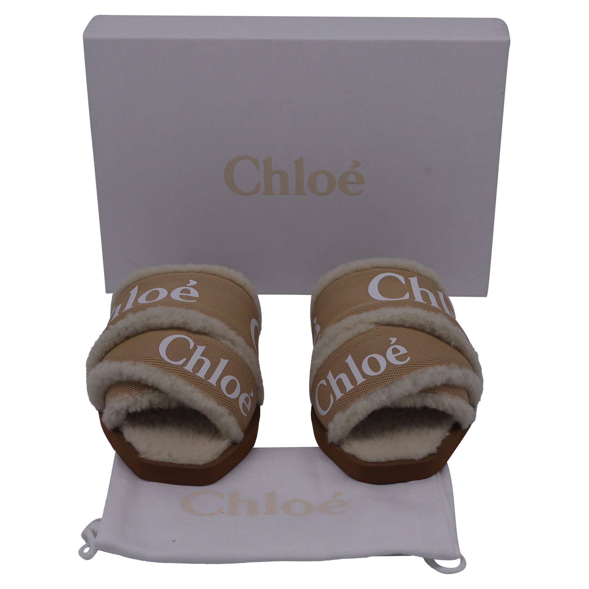 Chloe Chloe Woody Shearling Flat Slides in Beige Canvas Size US 5 / IT 35 - 7 Thumbnail