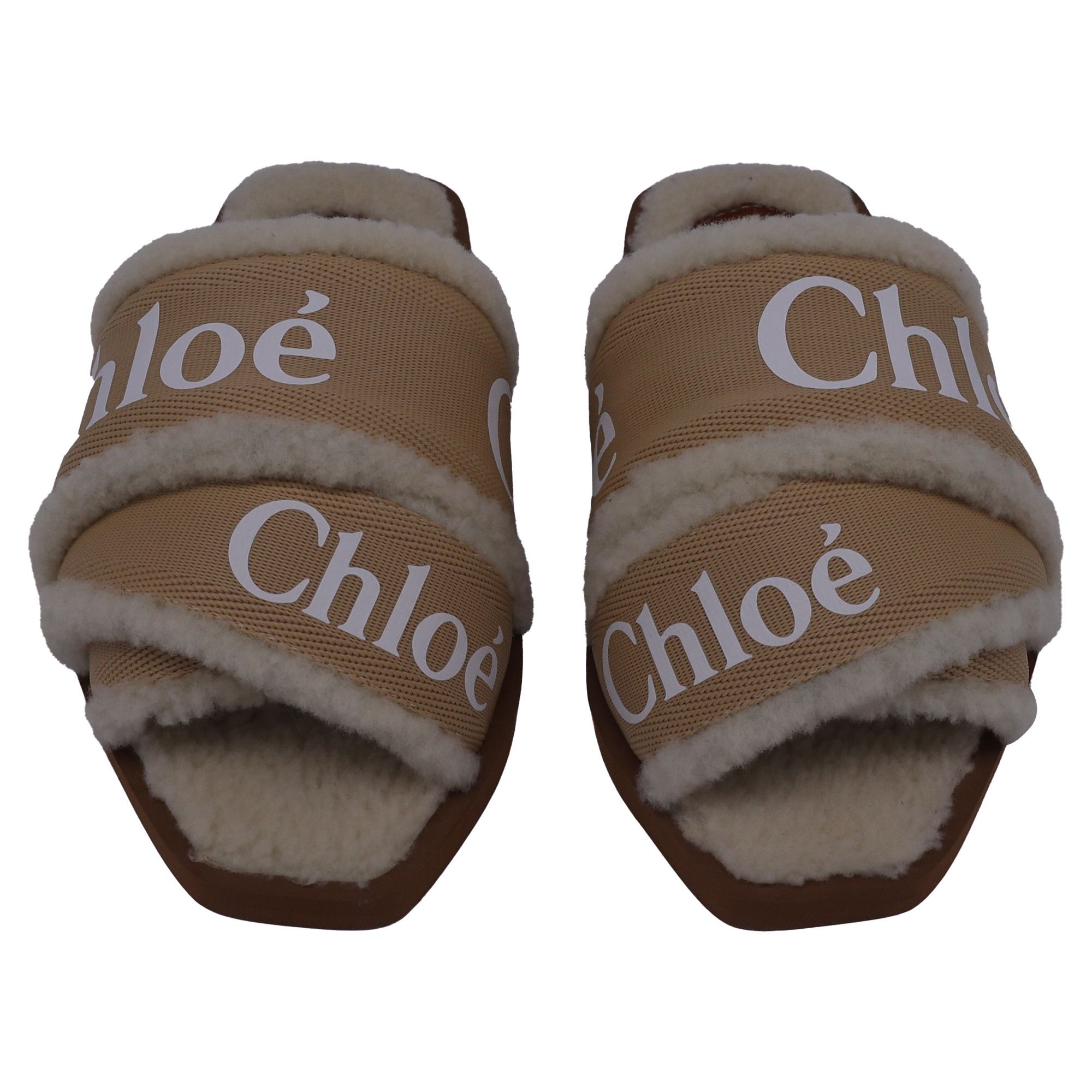 Chloe Chloe Woody Shearling Flat Slides in Beige Canvas Size US 5 / IT 35 - 2 Thumbnail